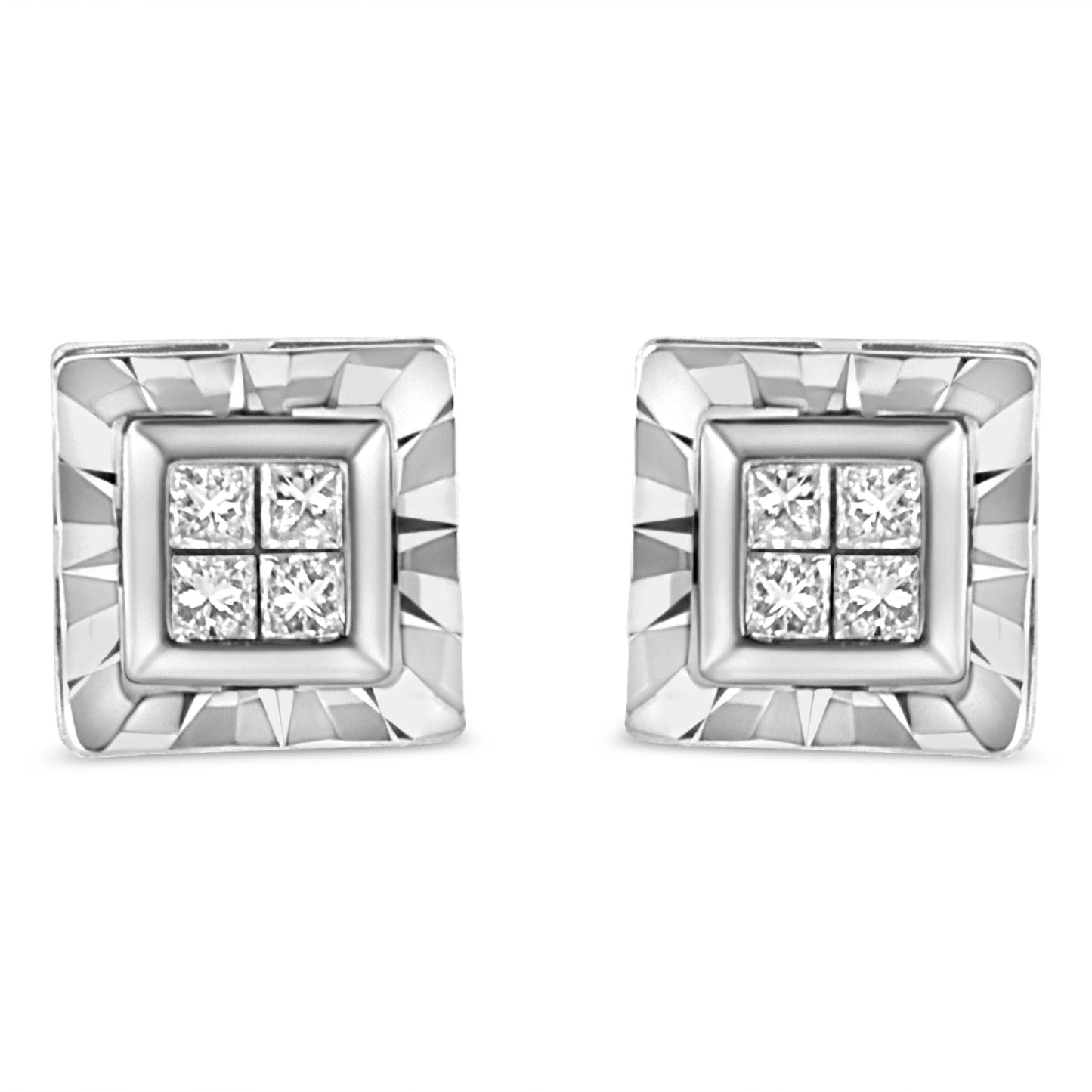.925 Sterling Silver 1/6 Cttw Invisible Set Princess-Cut Diamond Quad Composite Stud Earrings (H-I Color, I1-I2 Clarity)-0
