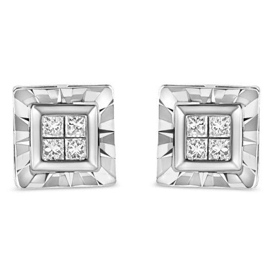 .925 Sterling Silver 1/6 Cttw Invisible Set Princess-Cut Diamond Quad Composite Stud Earrings (H-I Color, I1-I2 Clarity)-0