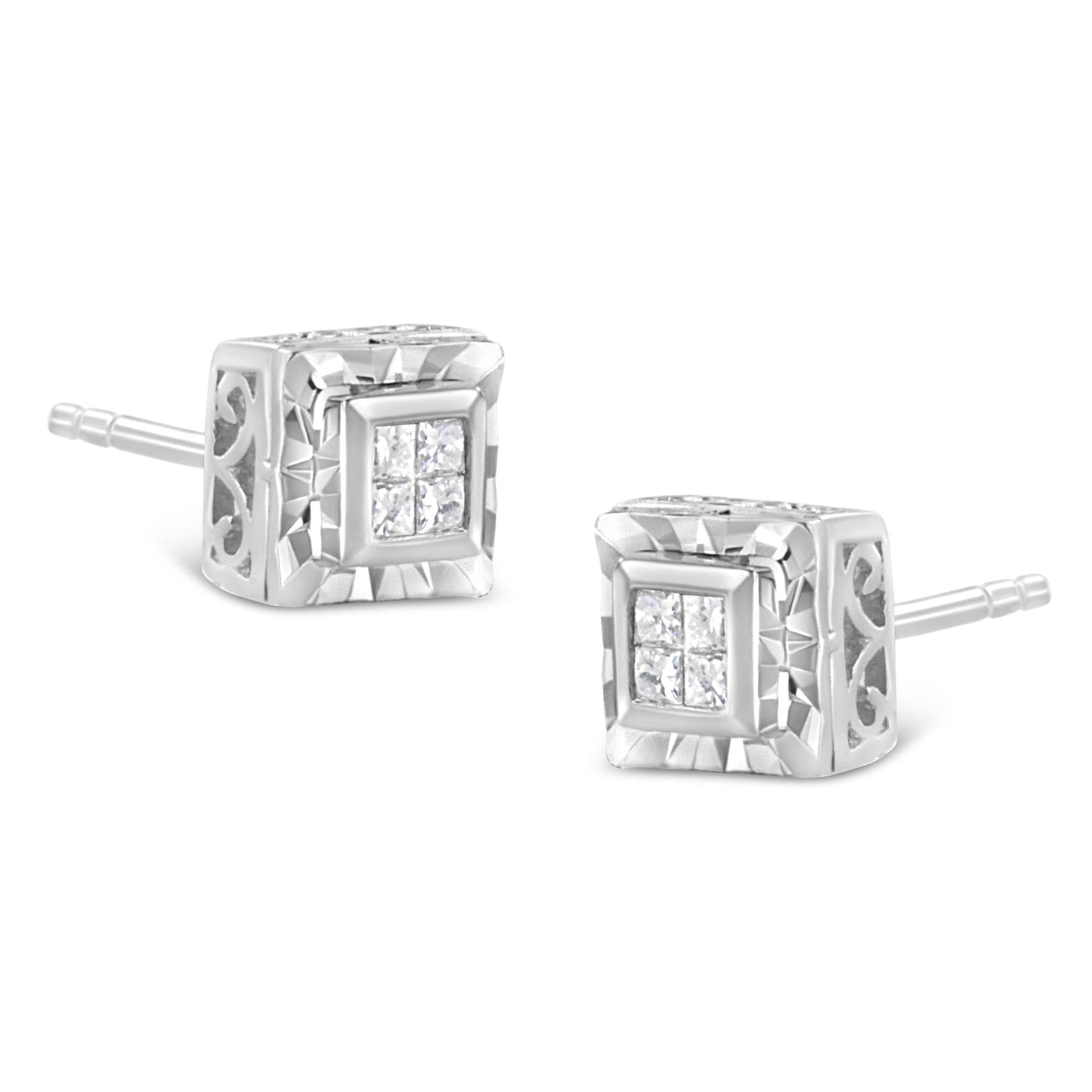 .925 Sterling Silver 1/6 Cttw Invisible Set Princess-Cut Diamond Quad Composite Stud Earrings (H-I Color, I1-I2 Clarity)-3