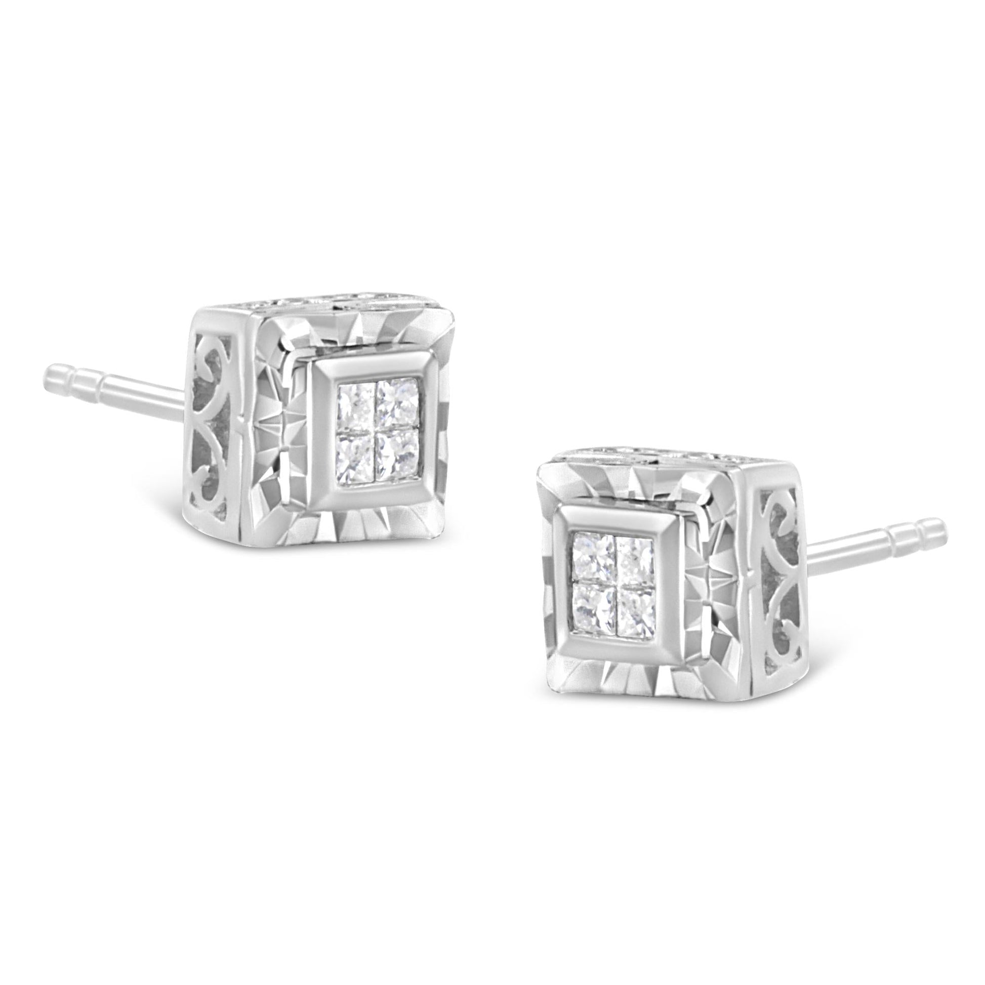 .925 Sterling Silver 1/6 Cttw Invisible Set Princess-Cut Diamond Quad Composite Stud Earrings (H-I Color, I1-I2 Clarity)-3