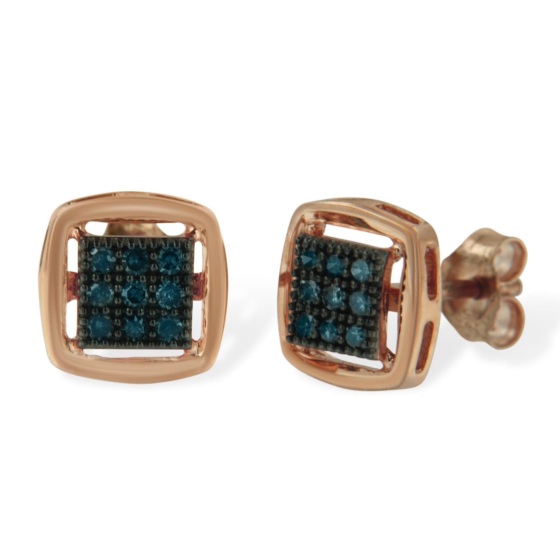 Rose Plated Sterling Silver Rose Cut Treated Diamond Stud Earring (0.25 cttw, Blue Color, I2-I3 Clarity)-2