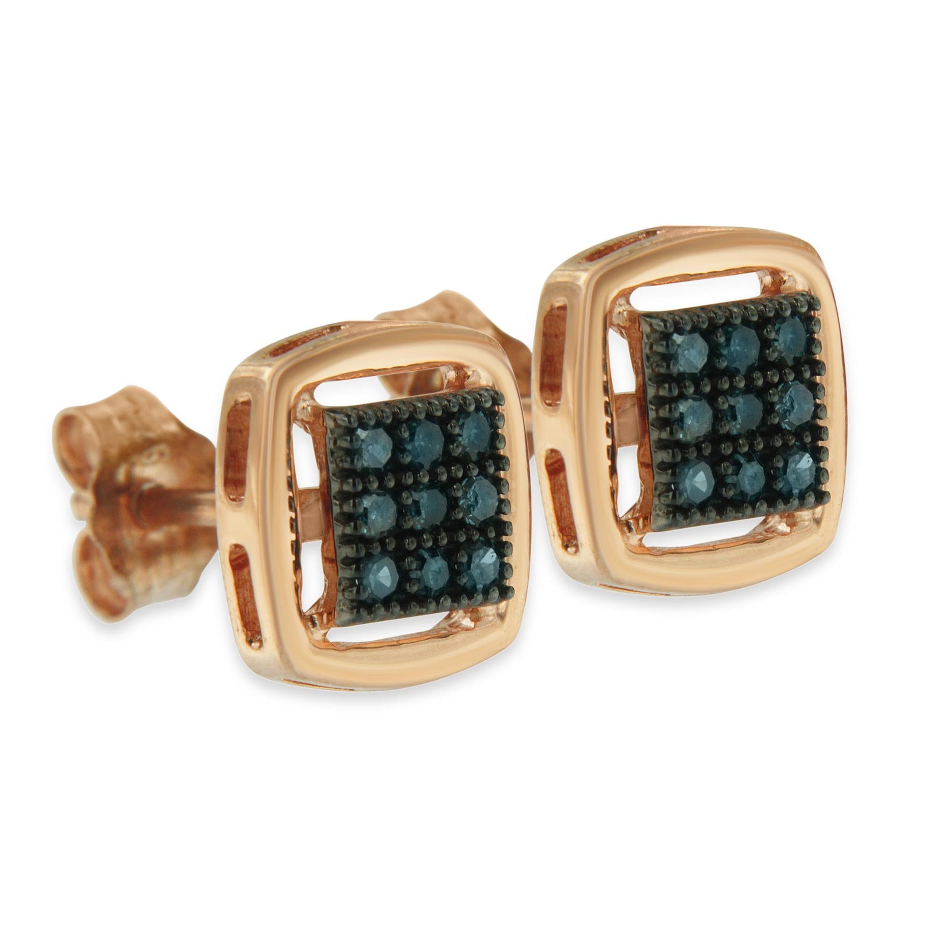 Rose Plated Sterling Silver Rose Cut Treated Diamond Stud Earring (0.25 cttw, Blue Color, I2-I3 Clarity)-3