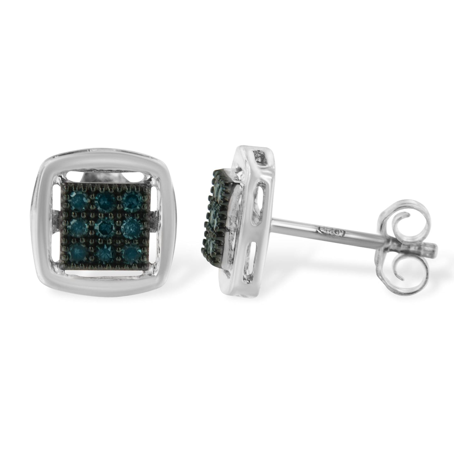 Sterling Silver Rose Cut Treated Blue Diamond Square Stud Earring (0.25 cttw, Blue Color, I2-I3 Clarity)-1