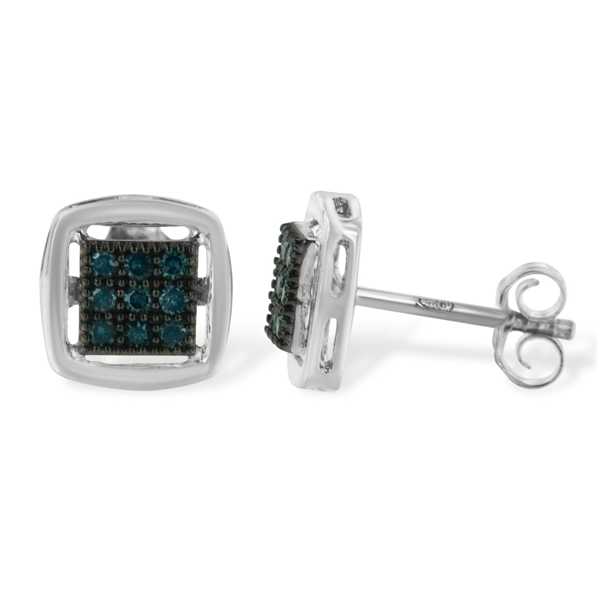 Sterling Silver Rose Cut Treated Blue Diamond Square Stud Earring (0.25 cttw, Blue Color, I2-I3 Clarity)-1