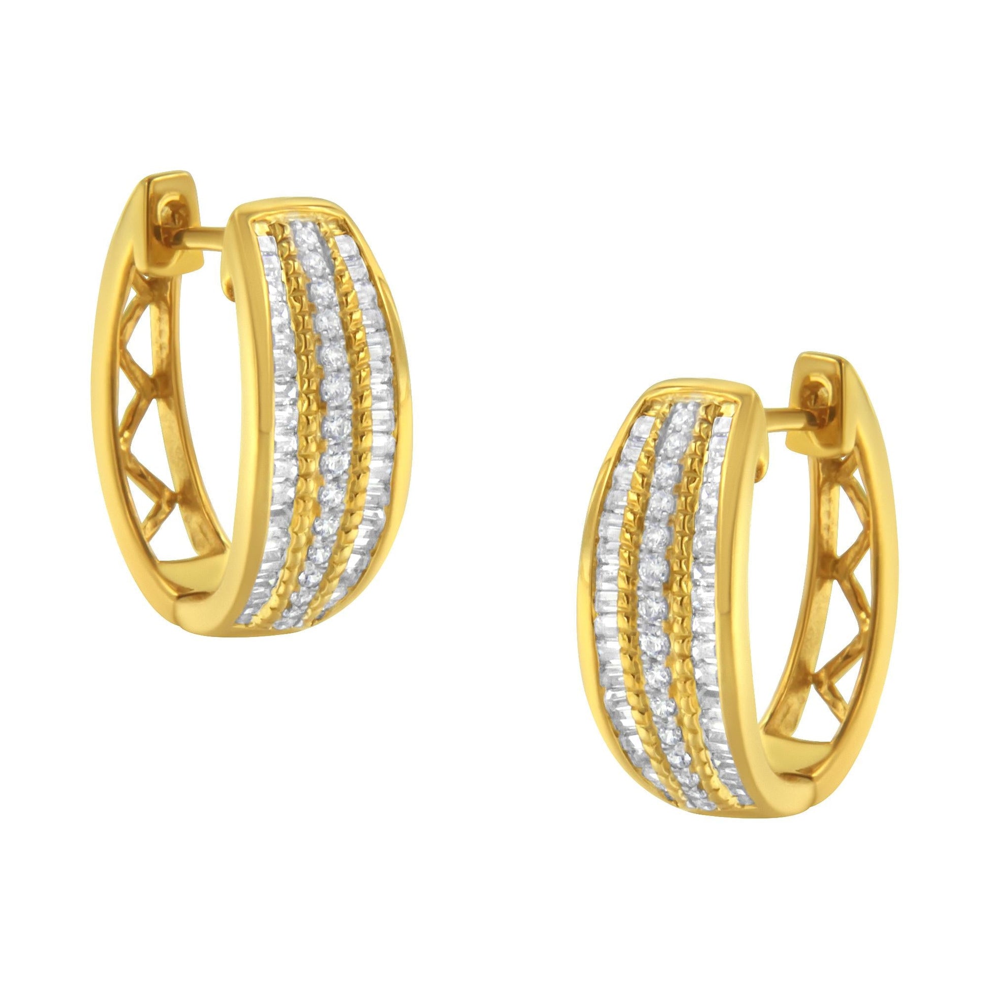 10K Yellow Gold 3/4 Cttw Pave and Channel Set Diamond Triple Row Modern Hoop Earrings (I-J Color, I2-I3 Clarity)-0