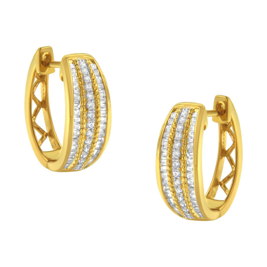 10K Yellow Gold 3/4 Cttw Pave and Channel Set Diamond Triple Row Modern Hoop Earrings (I-J Color, I2-I3 Clarity)-0
