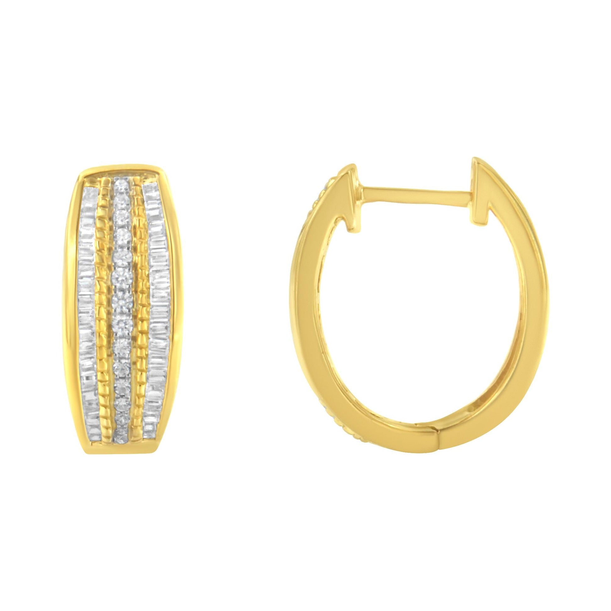 10K Yellow Gold 3/4 Cttw Pave and Channel Set Diamond Triple Row Modern Hoop Earrings (I-J Color, I2-I3 Clarity)-1