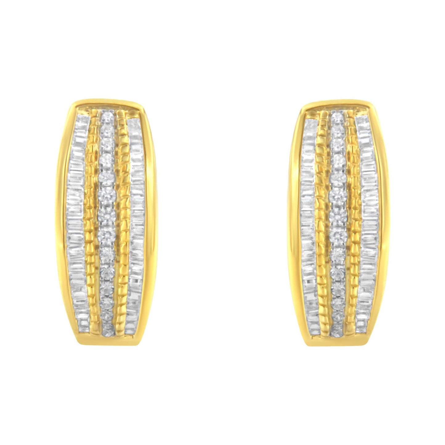 10K Yellow Gold 3/4 Cttw Pave and Channel Set Diamond Triple Row Modern Hoop Earrings (I-J Color, I2-I3 Clarity)-3