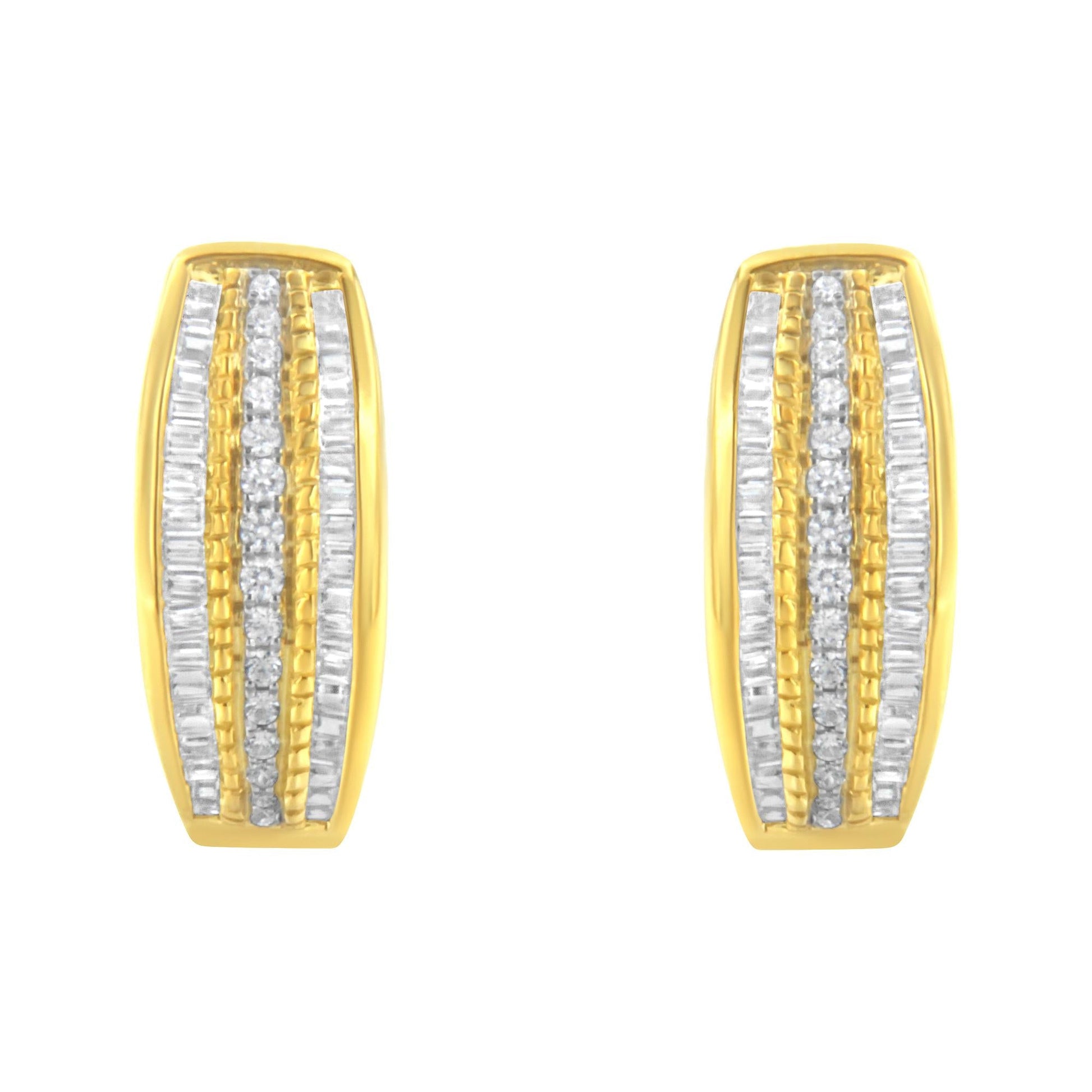 10K Yellow Gold 3/4 Cttw Pave and Channel Set Diamond Triple Row Modern Hoop Earrings (I-J Color, I2-I3 Clarity)-3