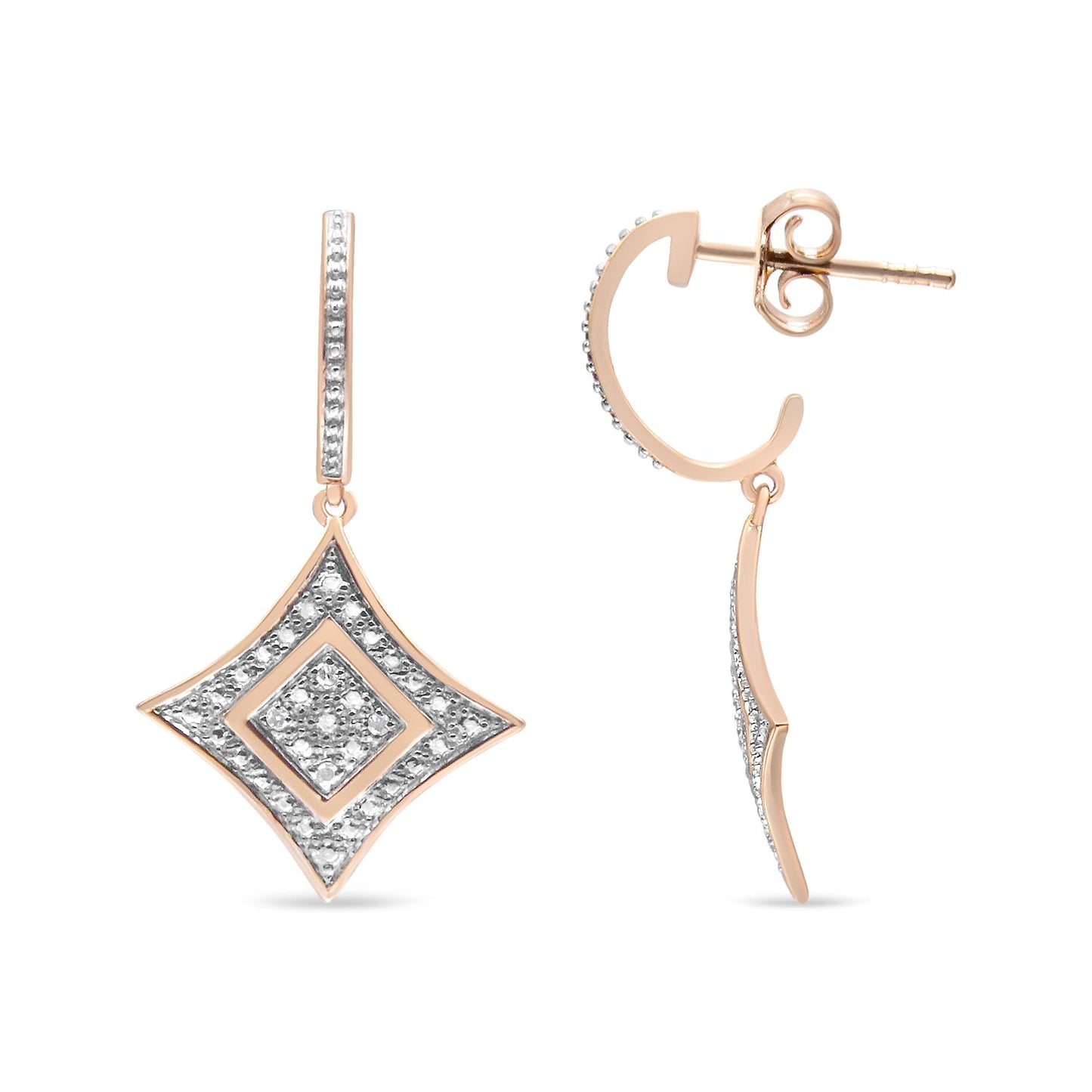 14K Rose Gold Plated .925 Sterling Silver Round-Cut Diamond Accent Dangle Rhombus Earrings (H-I Color, I2-I3 Clarity)-3
