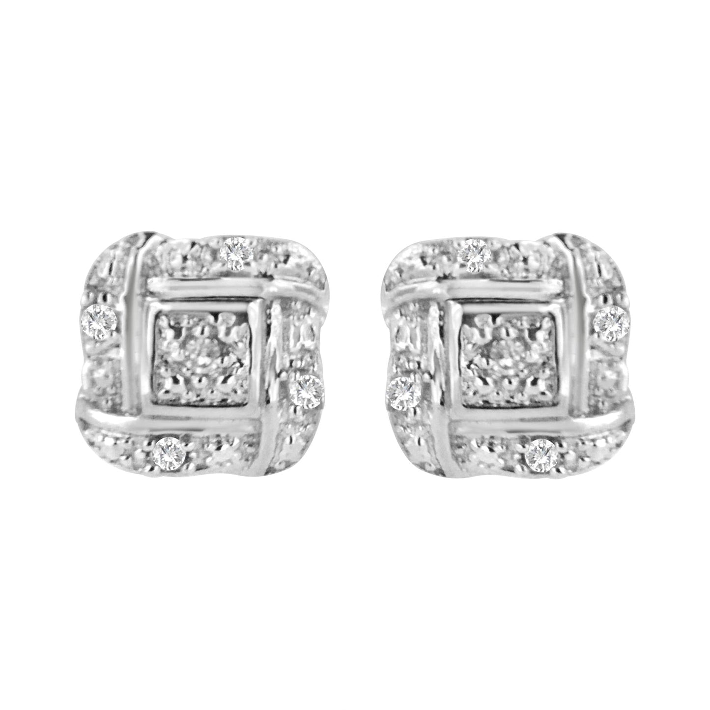 Sterling Silver Round Cut Diamond Square Stud Earrings (0.04 cttw, H-I Color, I2-I3 Clarity)-0
