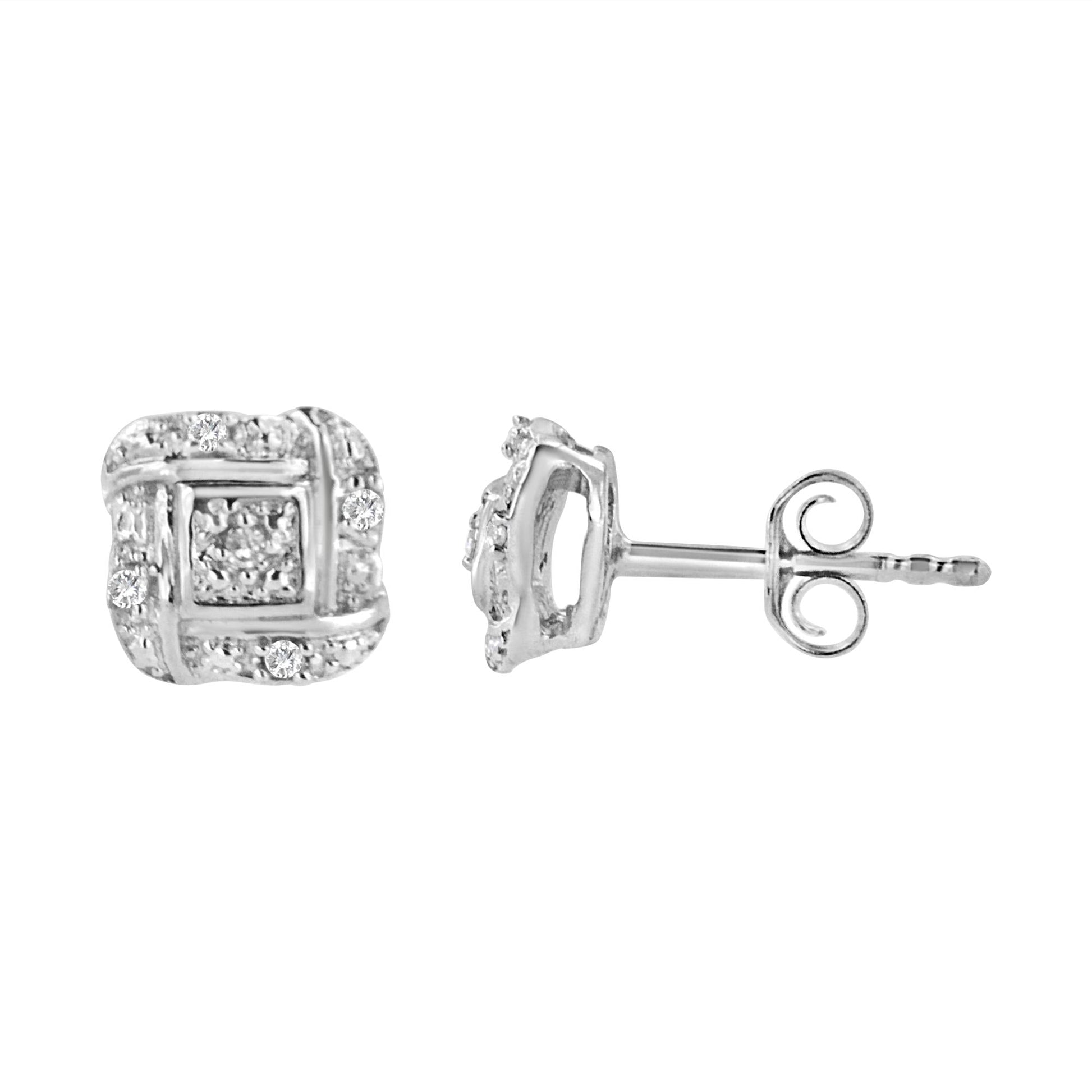 Sterling Silver Round Cut Diamond Square Stud Earrings (0.04 cttw, H-I Color, I2-I3 Clarity)-3