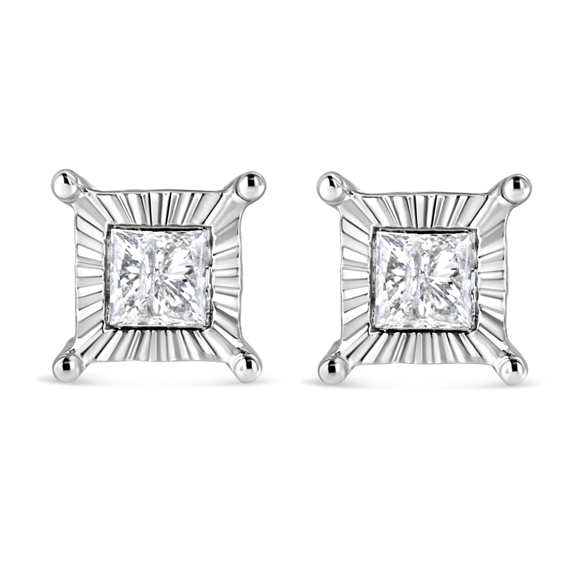 .925 Sterling Silver Miracle Set Princess-cut Diamond Solitaire Stud Earrings (H-I Color, I2-I3 Clarity)-3