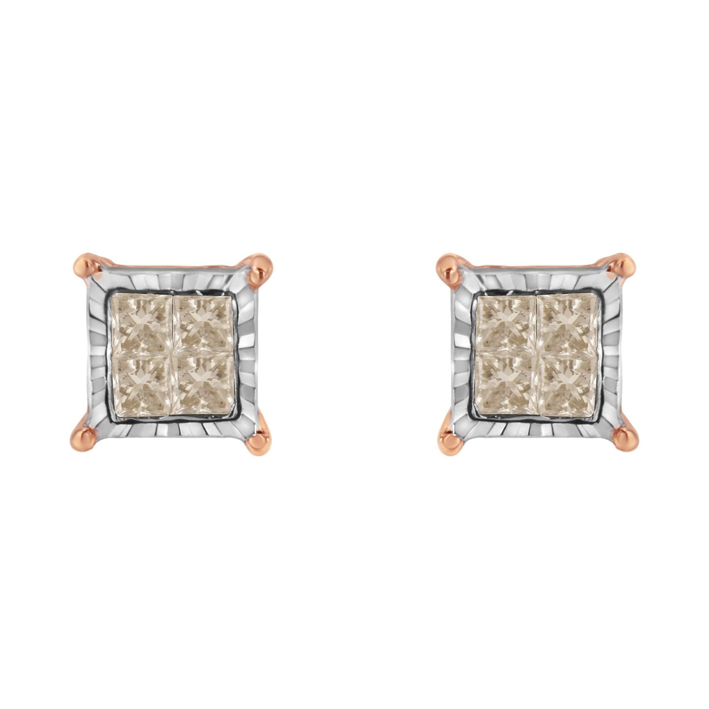 10K Two-Toned Princess-Cut Composite Diamond Stud Earrings (1/2 cttw, J-K Color, I1-I2 Clarity)-3