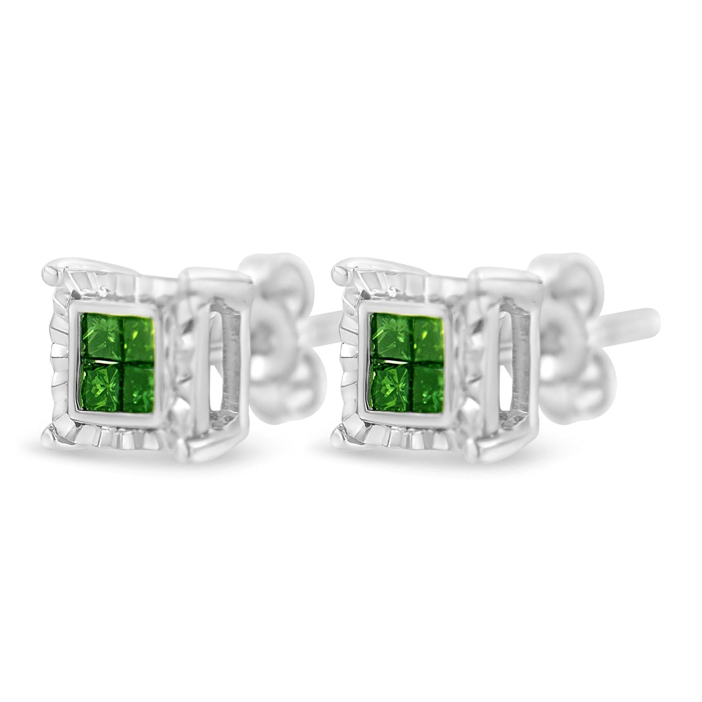 Sterling Silver Color Treated Princess Diamond Quad Stud Earring (1/2 cttw, Green Color, I1-I2 Clarity)-3