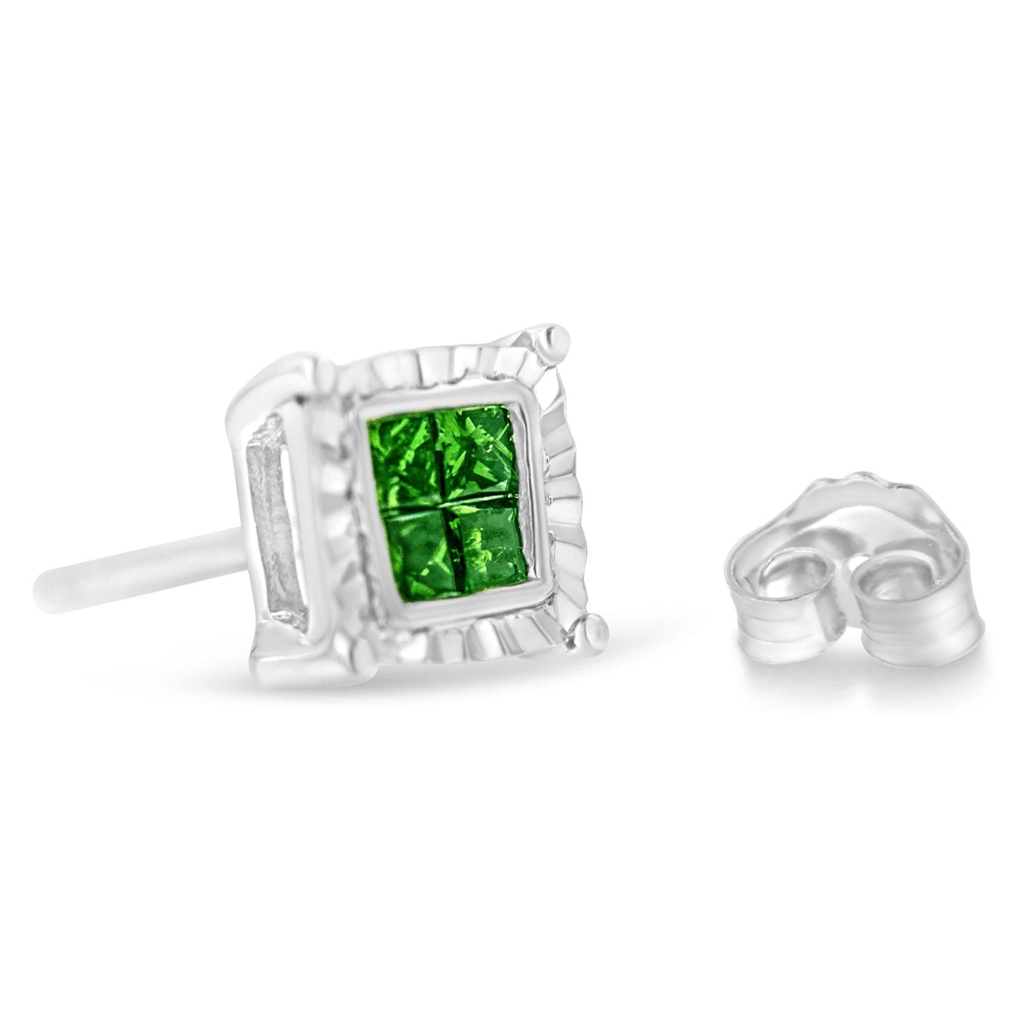 Sterling Silver Color Treated Princess Diamond Quad Stud Earring (1/2 cttw, Green Color, I1-I2 Clarity)-4