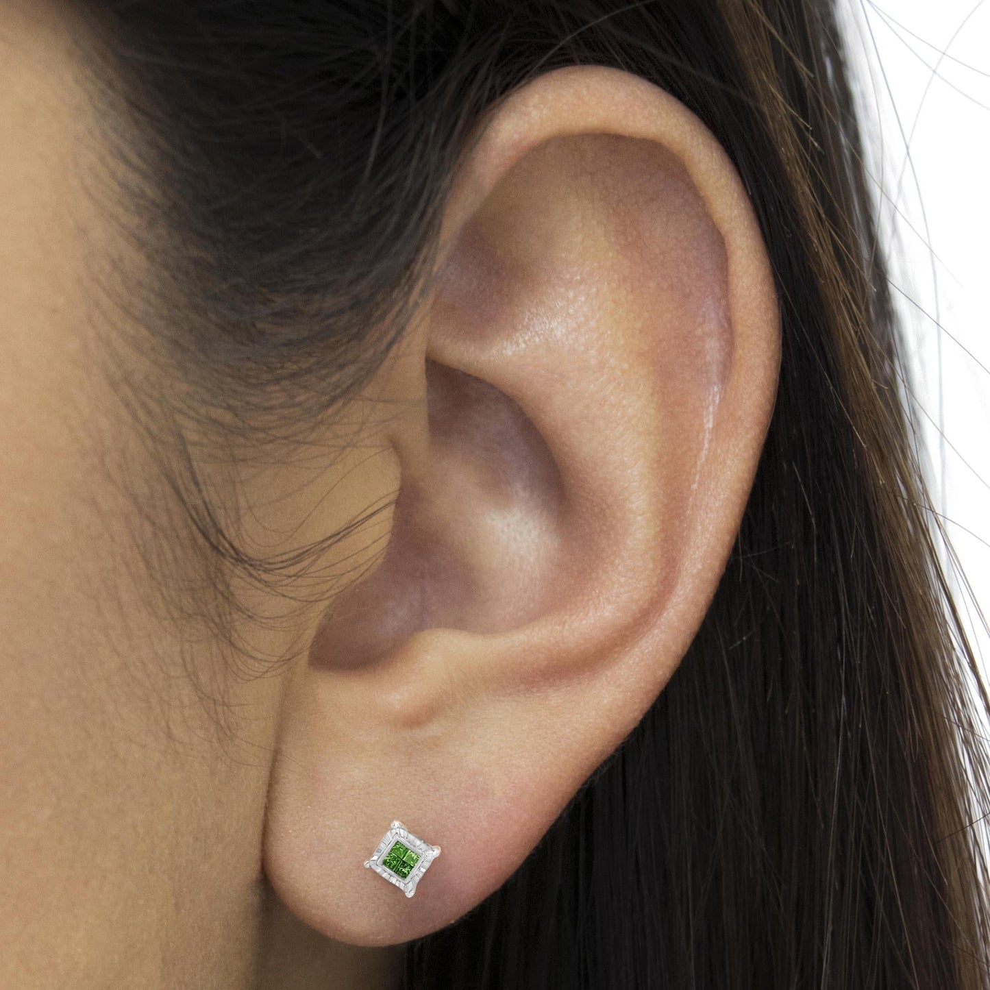 Sterling Silver Color Treated Princess Diamond Quad Stud Earring (1/2 cttw, Green Color, I1-I2 Clarity)-2