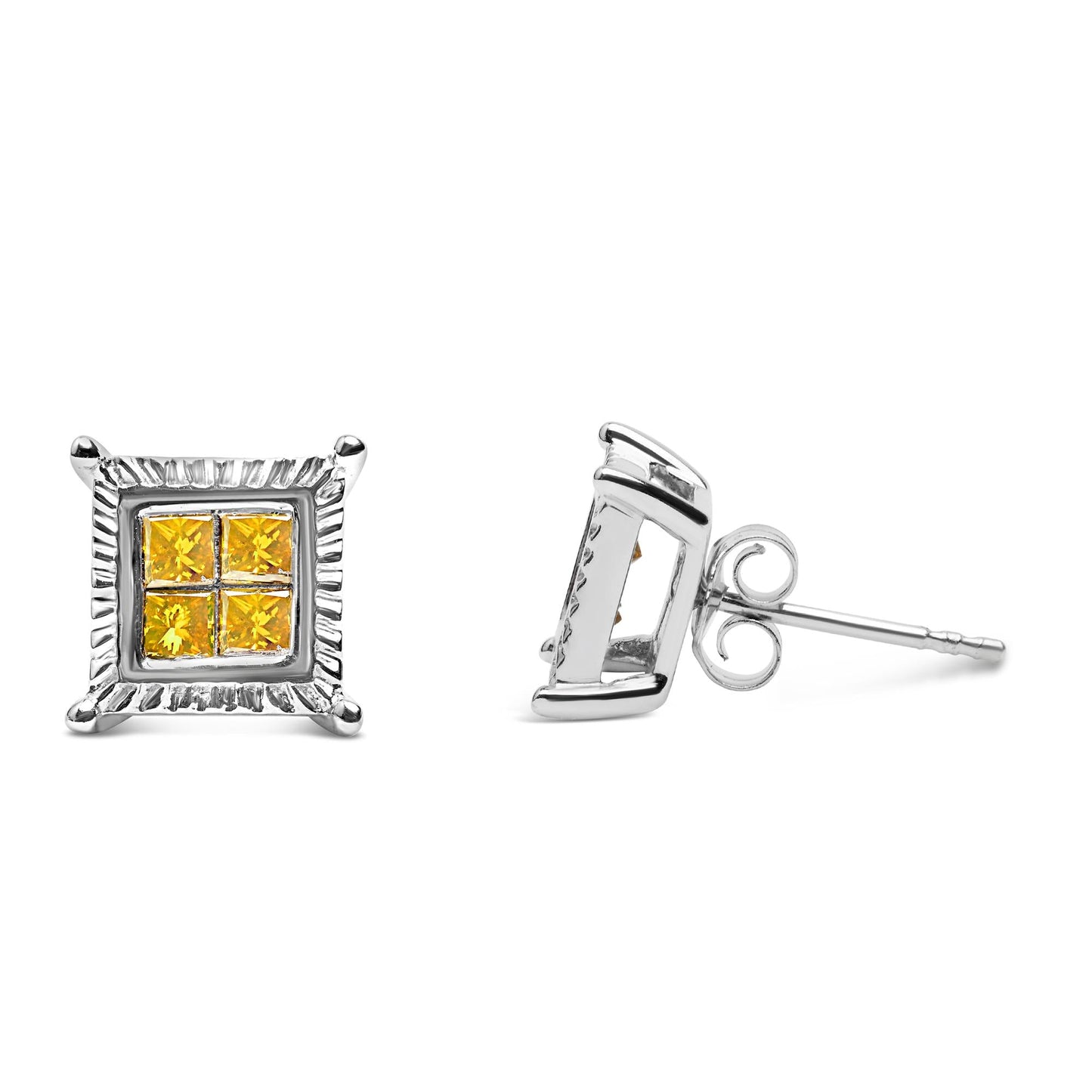 .925 Sterling Silver 1/2 Cttw Yellow Princess Diamond Quad Stud Earring-3