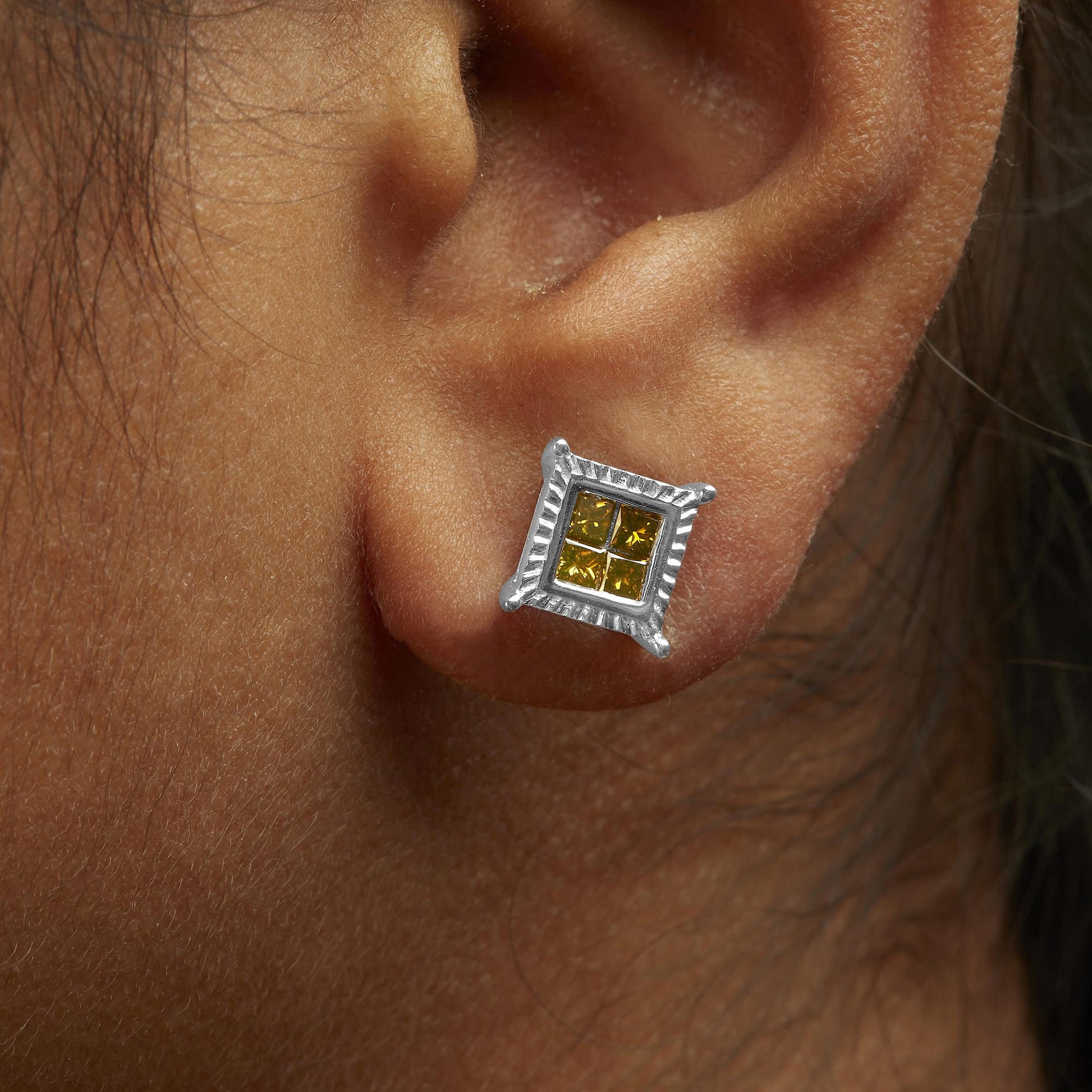 .925 Sterling Silver 1/2 Cttw Yellow Princess Diamond Quad Stud Earring-2