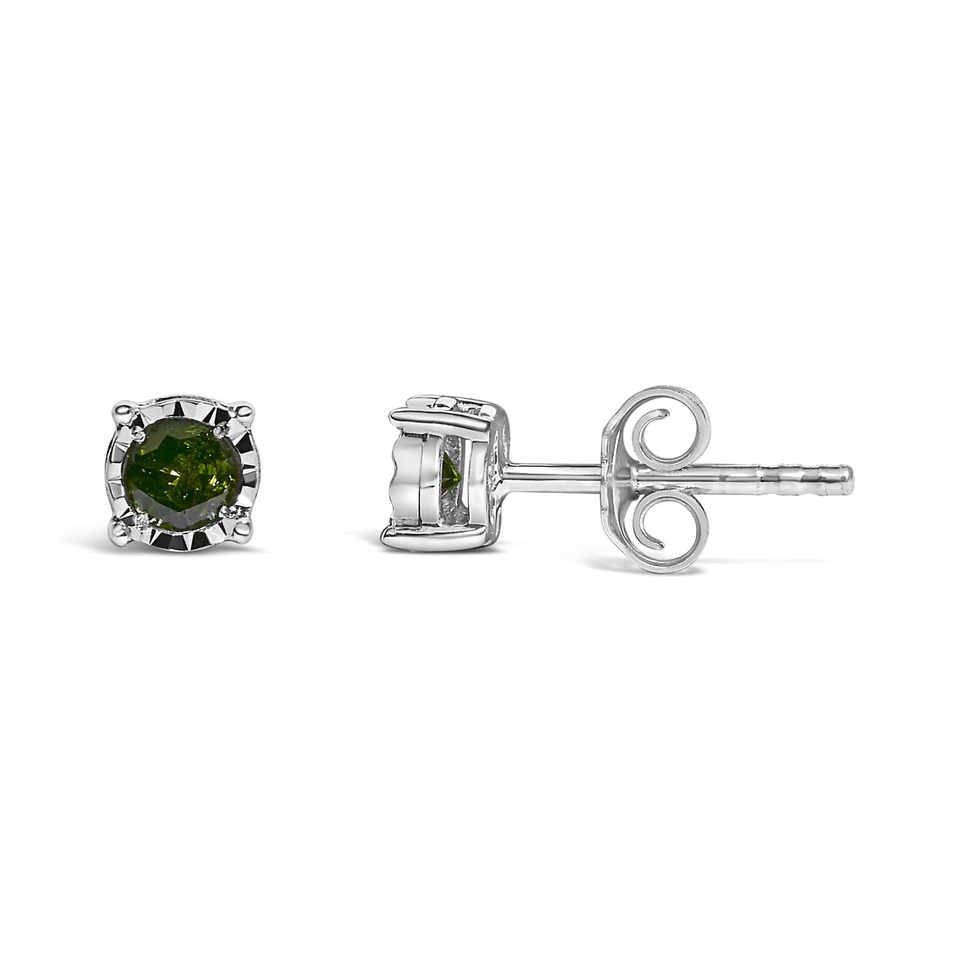 Sterling Silver Rose Cut Treated Green Diamond Solitaire Stud Earrings (0.25 cttw, Green Color, I2-I3 Clarity)-3