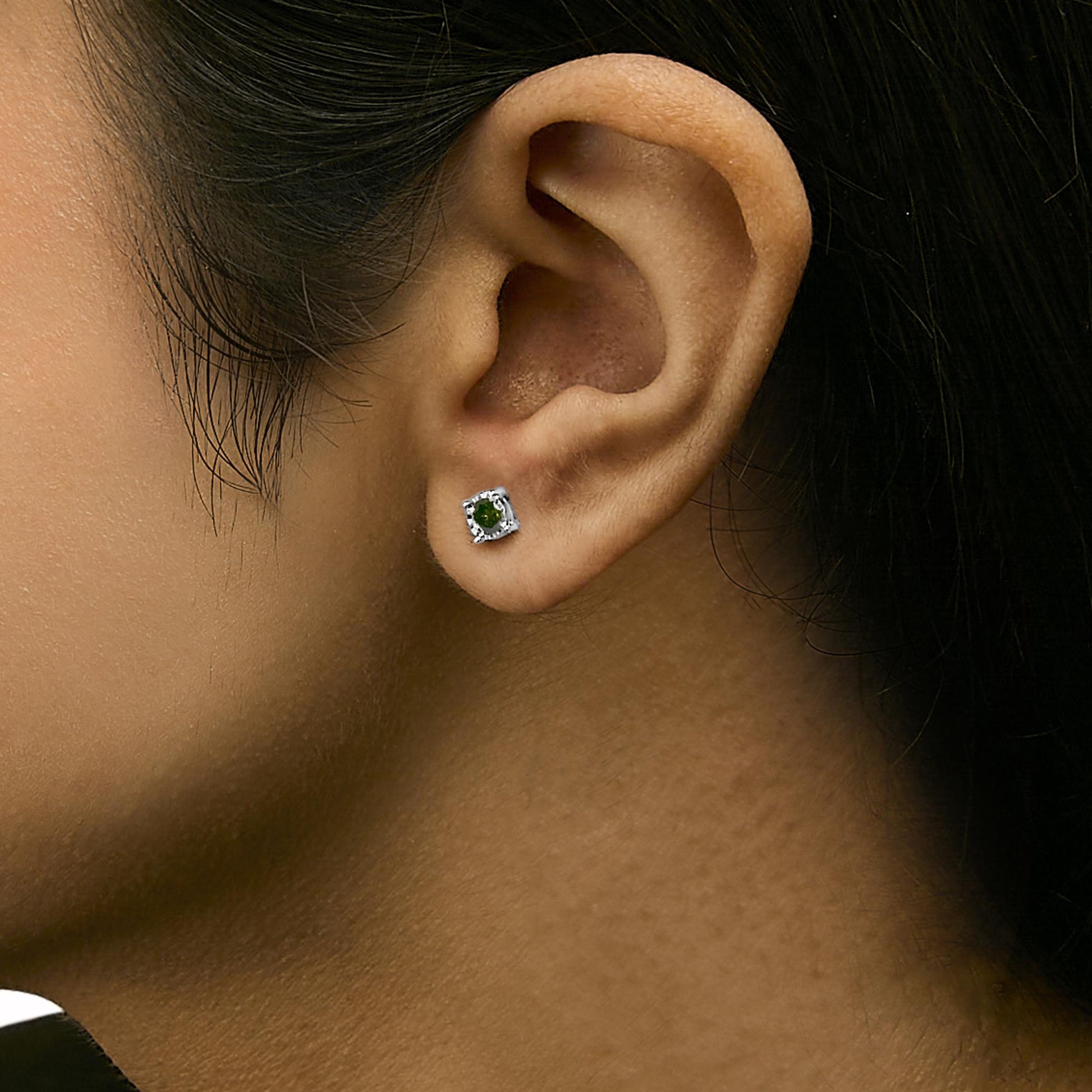 Sterling Silver Rose Cut Treated Green Diamond Solitaire Stud Earrings (0.25 cttw, Green Color, I2-I3 Clarity)-2