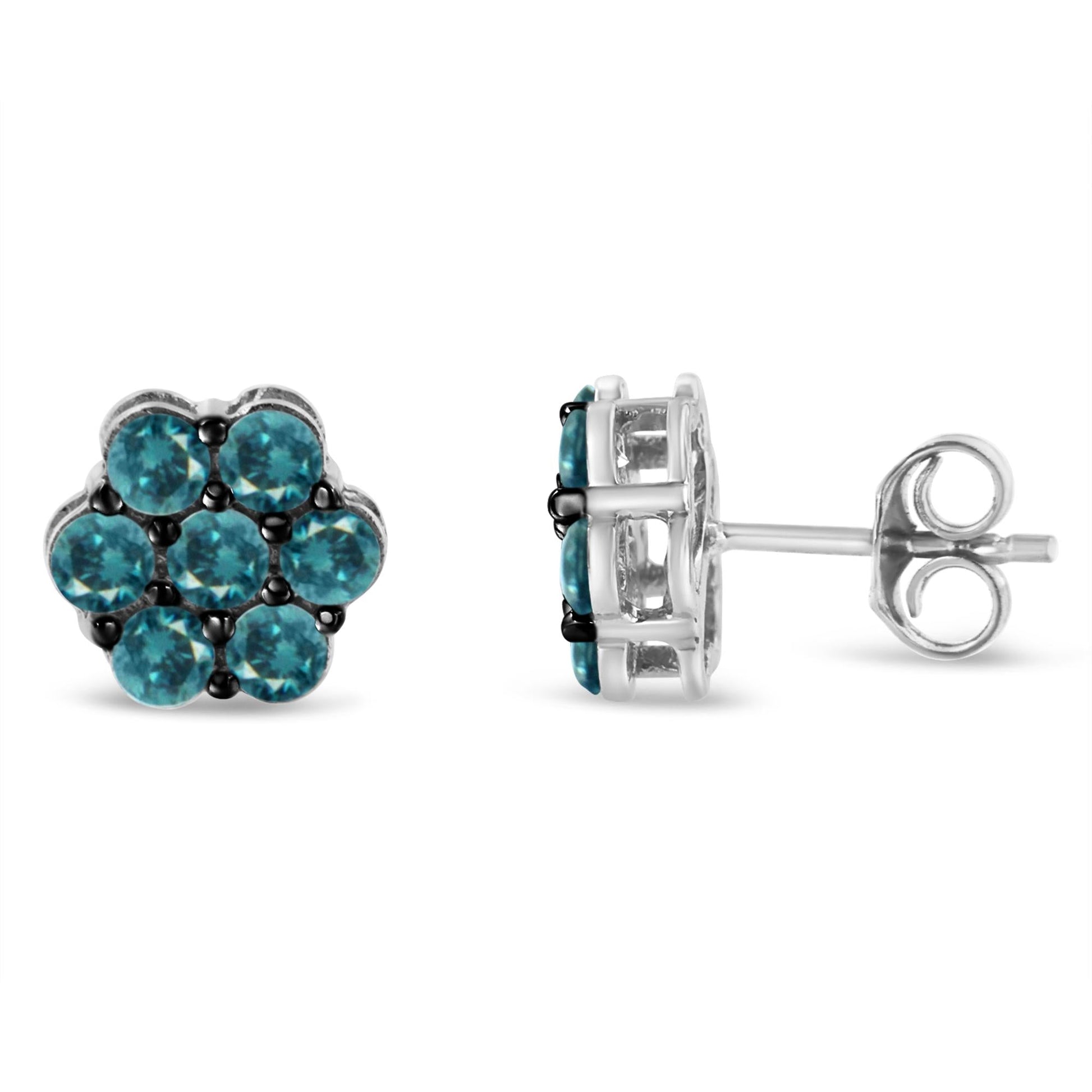 Sterling Silver Treated Blue Diamond Floral Stud Earrings (1 cttw, Blue Color, I2-I3 Clarity)-1