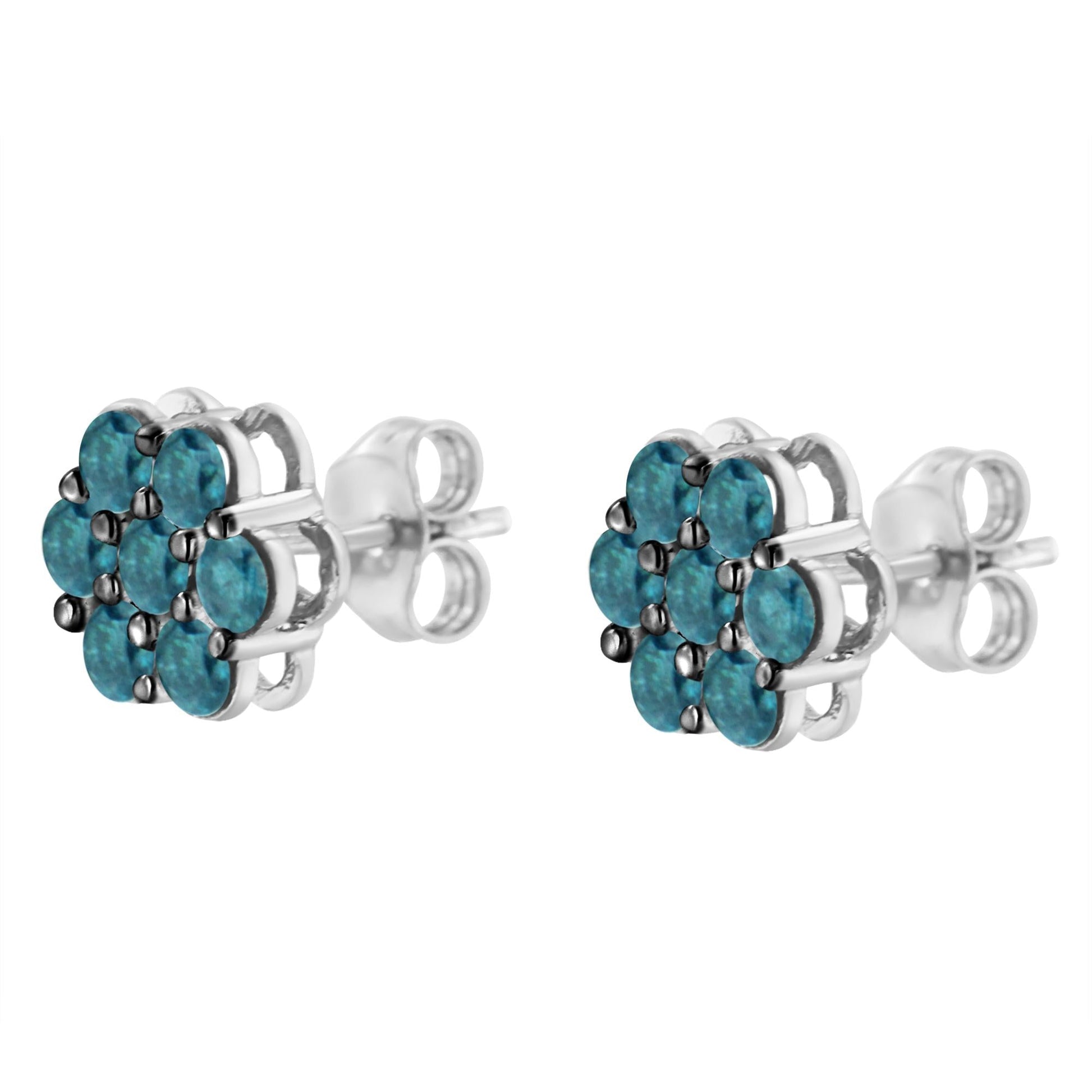 Sterling Silver Treated Blue Diamond Floral Stud Earrings (1 cttw, Blue Color, I2-I3 Clarity)-3