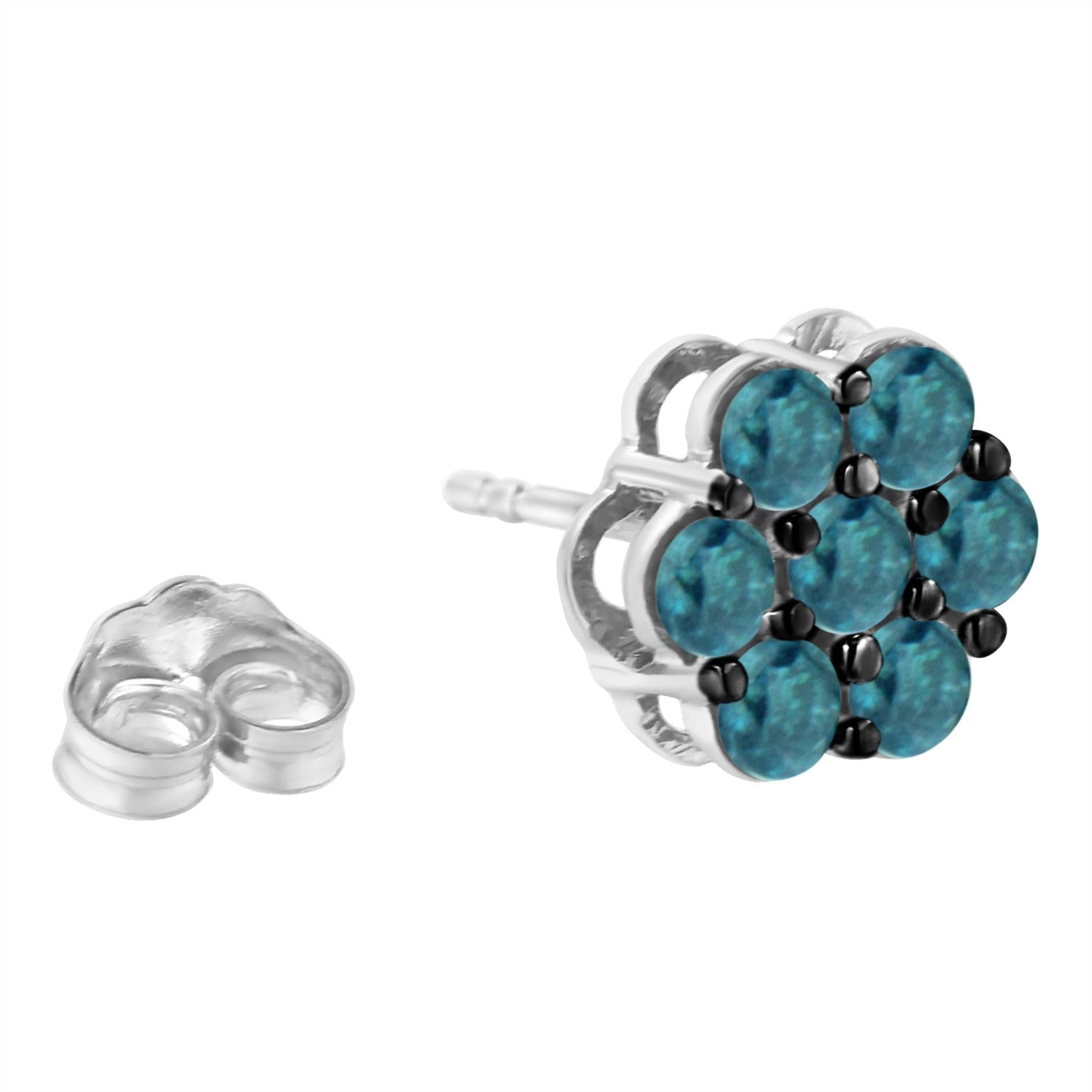 Sterling Silver Treated Blue Diamond Floral Stud Earrings (1 cttw, Blue Color, I2-I3 Clarity)-4