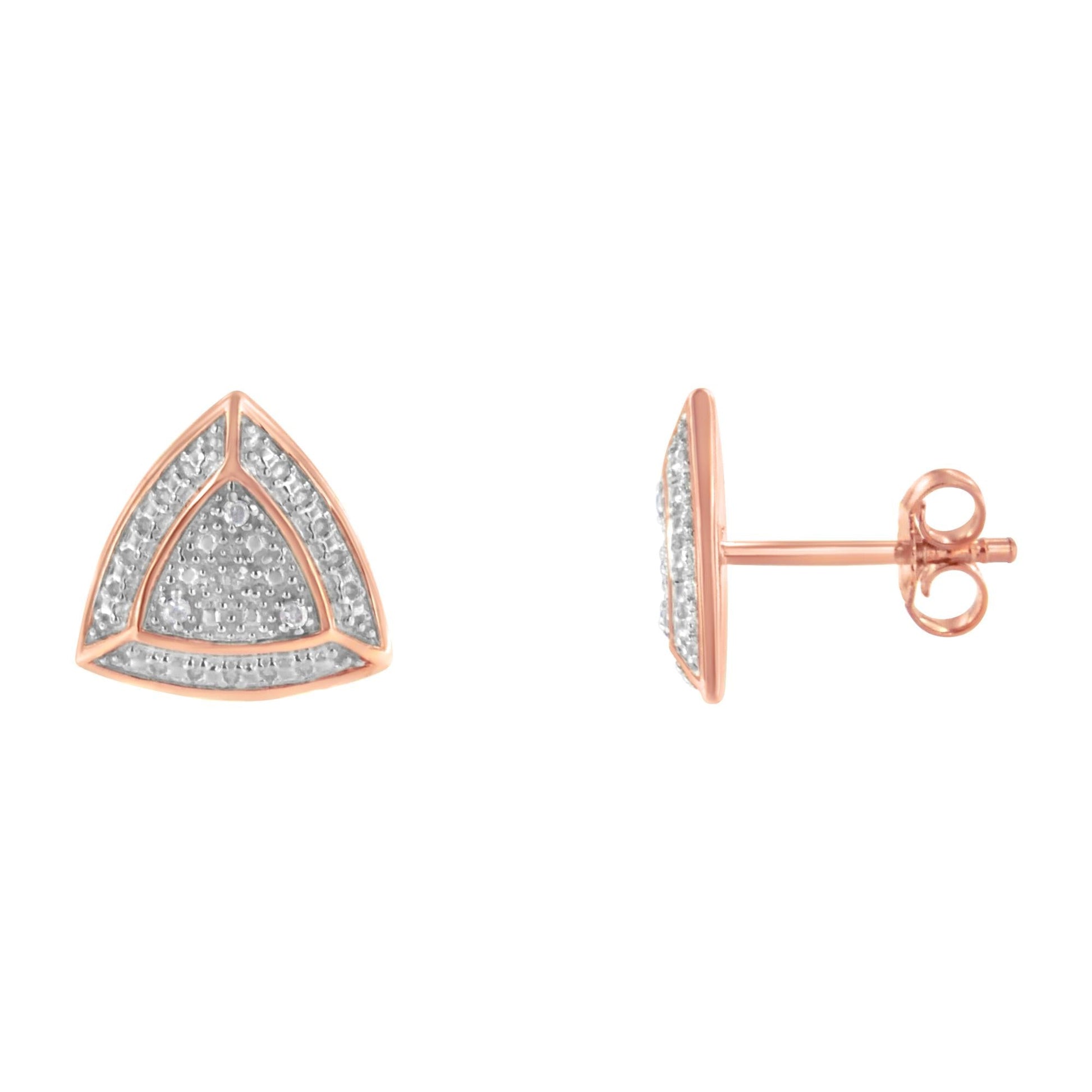 14K Rose Gold over .925 Sterling Silver Diamond-Accented Trillion Shaped 4-Stone Halo-Style Stud Earrings (H-I Color, I2-I3 Clarity)-3