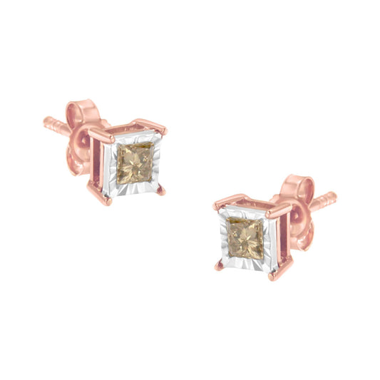 14K Rose Gold Plated Two-Tone .925 Sterling Silver 1/2 Cttw Princess-Cut Square Diamond Solitaire Miracle-Plate Stud Earrings (K-L Color, I2-I3 Clarity)-0