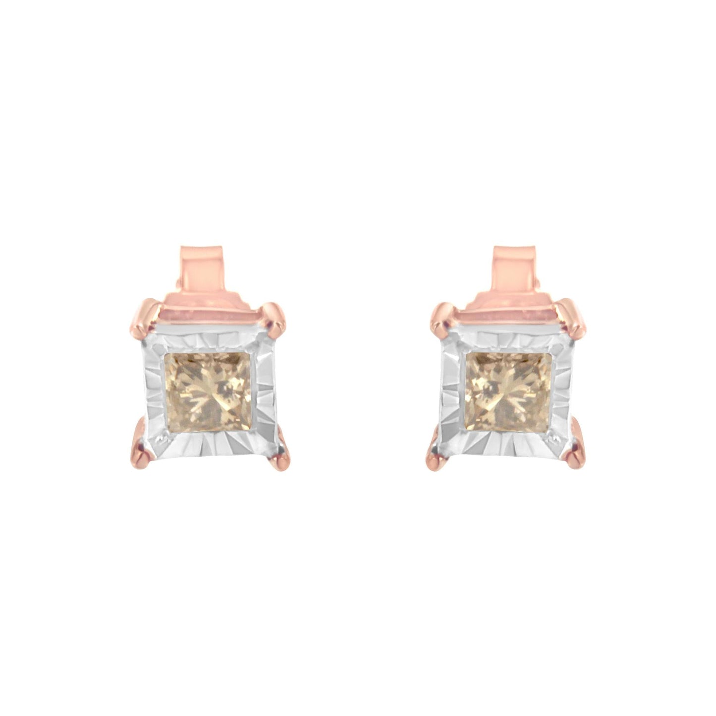 14K Rose Gold Plated Two-Tone .925 Sterling Silver 1/2 Cttw Princess-Cut Square Diamond Solitaire Miracle-Plate Stud Earrings (K-L Color, I2-I3 Clarity)-3