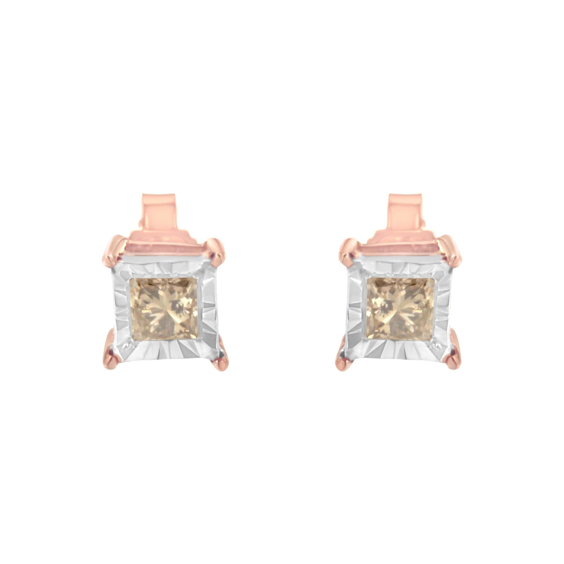 14K Rose Gold Plated Two-Tone .925 Sterling Silver 1/2 Cttw Princess-Cut Square Diamond Solitaire Miracle-Plate Stud Earrings (K-L Color, I2-I3 Clarity)-3