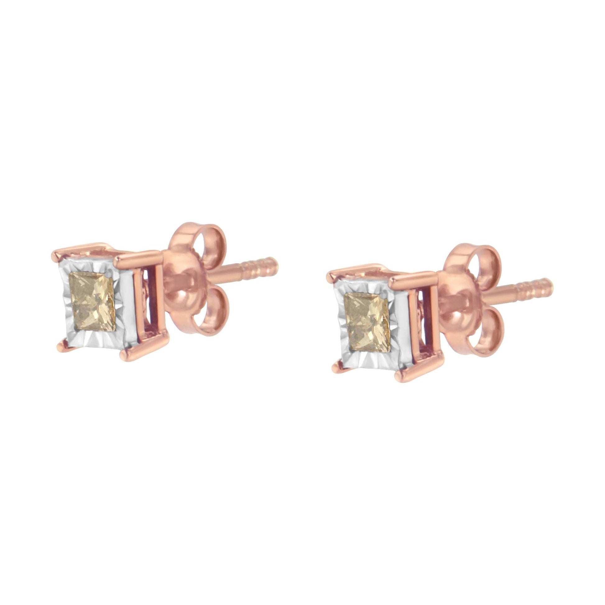 14K Rose Gold Plated Two-Tone .925 Sterling Silver 1/2 Cttw Princess-Cut Square Diamond Solitaire Miracle-Plate Stud Earrings (K-L Color, I2-I3 Clarity)-4
