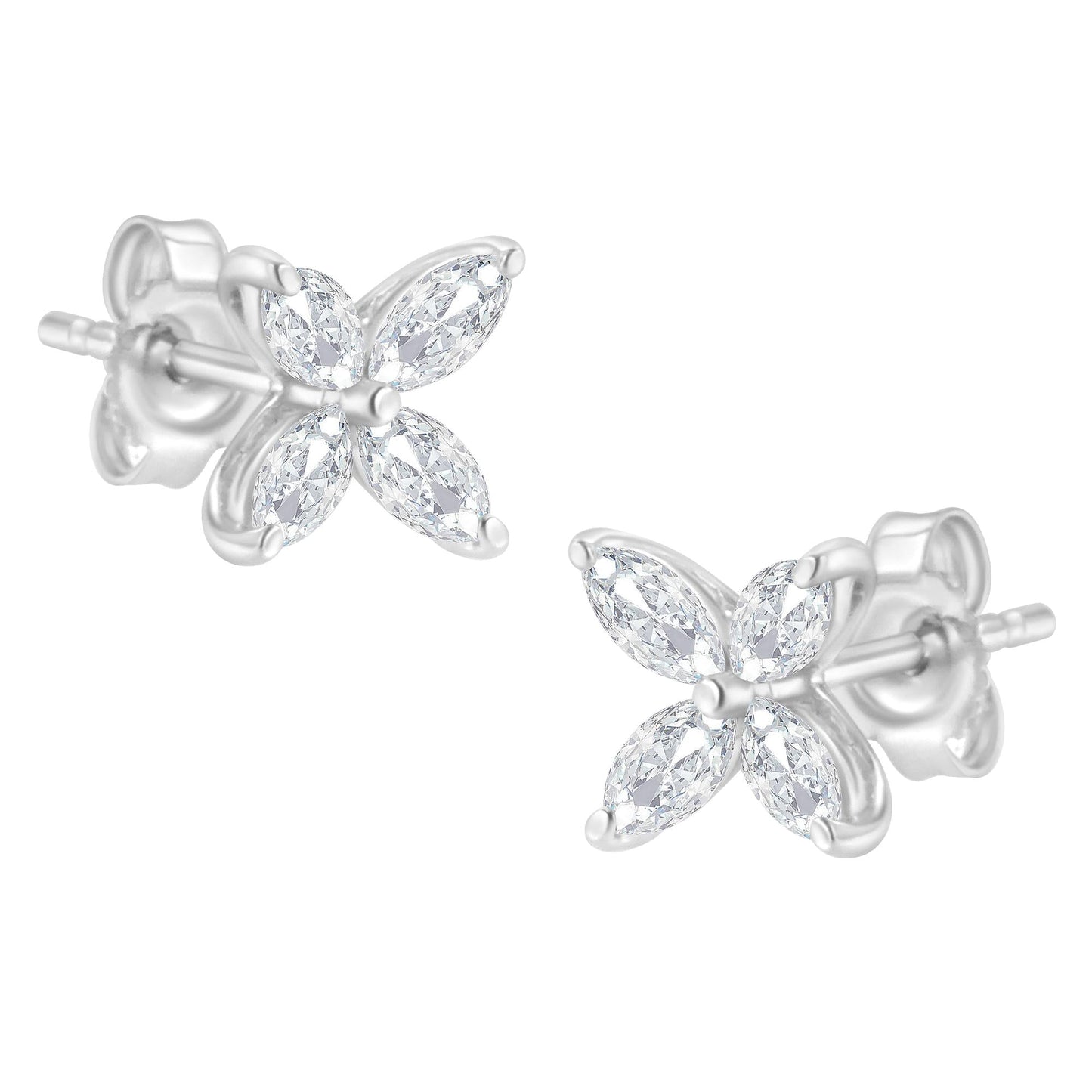 14K Gold Marquise Diamond 8 Stone Floral Leaf Stud Earrings (I-J Color, SI2-I1 Clarity)-2