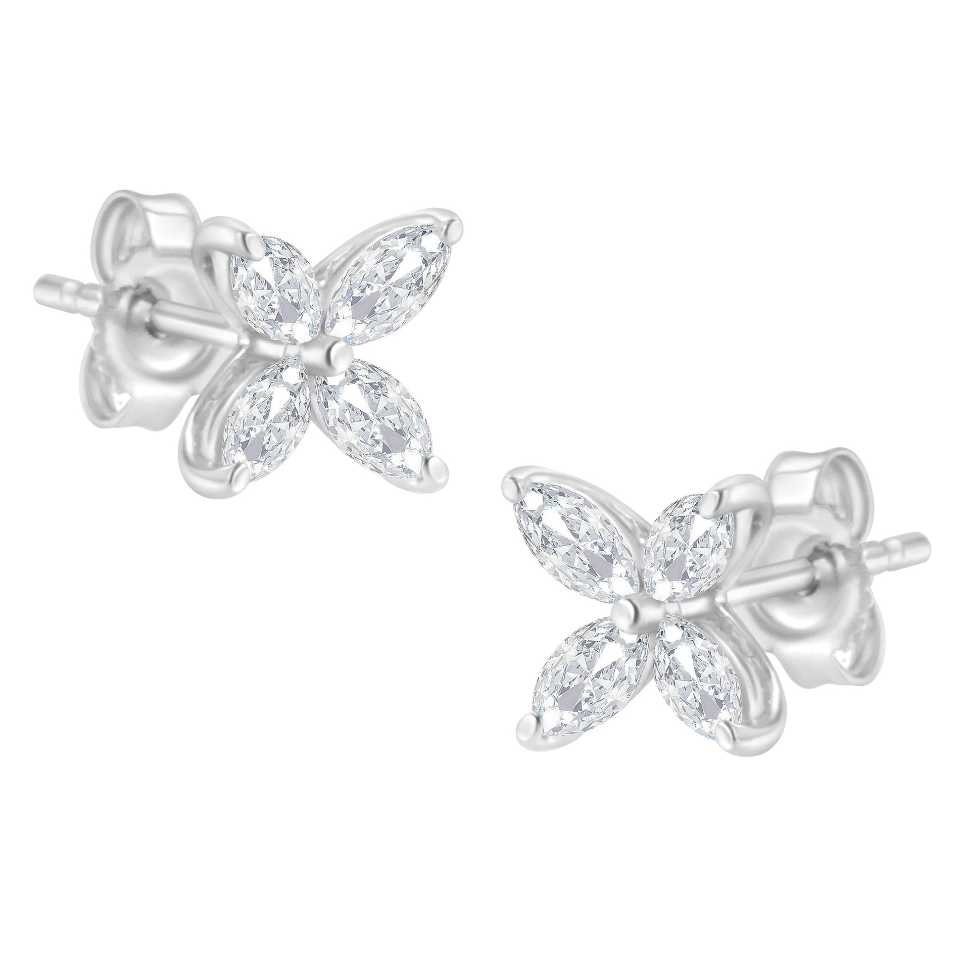 14K Gold Marquise Diamond 8 Stone Floral Leaf Stud Earrings (I-J Color, SI2-I1 Clarity)-2
