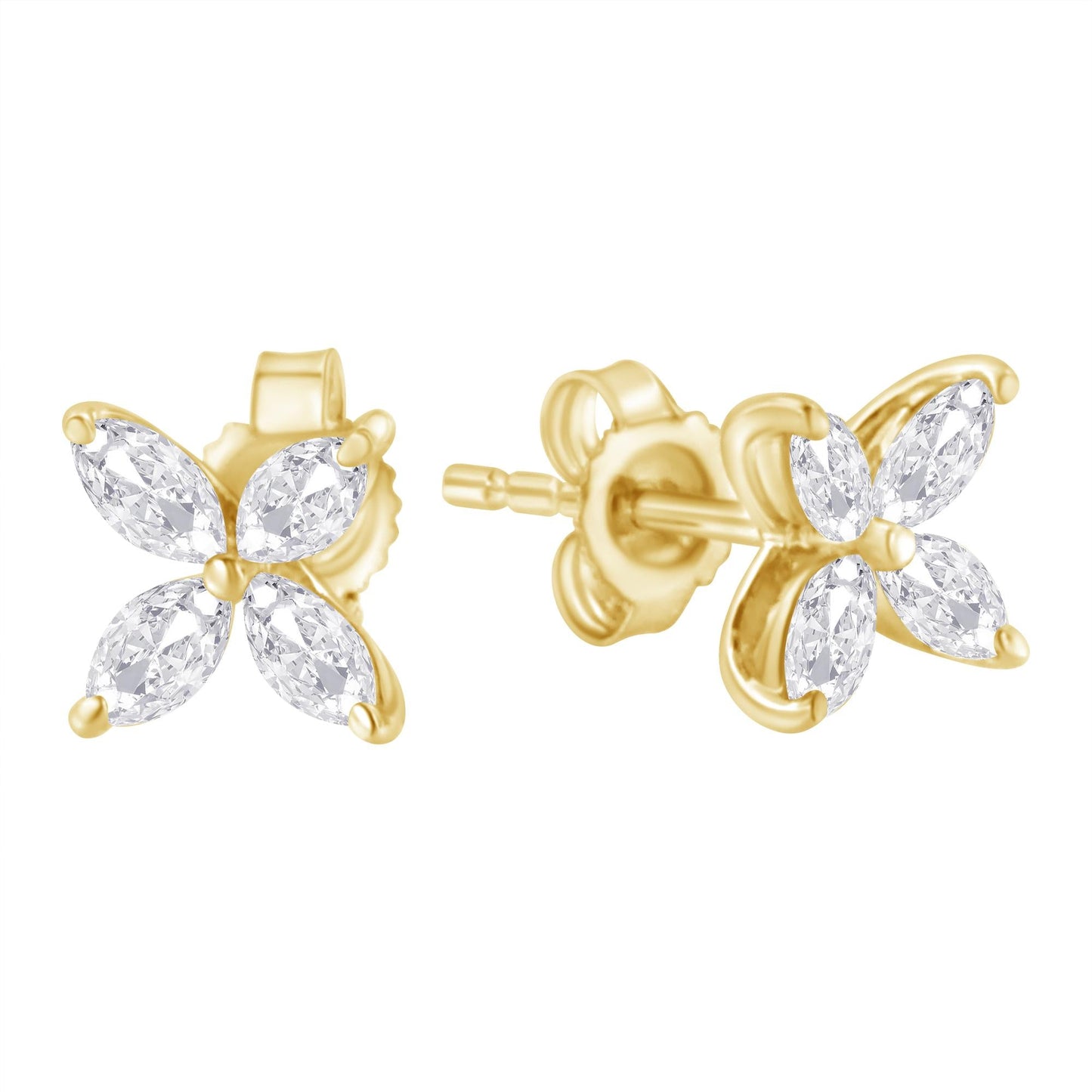 14K Gold Marquise Diamond 8 Stone Floral Leaf Stud Earrings (I-J Color, SI2-I1 Clarity)-4