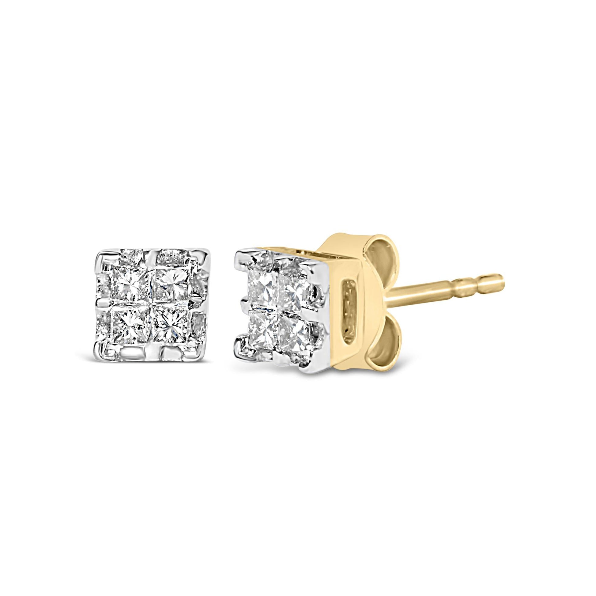 10k Yellow Gold Princess Diamond Quad Stud Earrings (1/4 cttw, J-K Color, I2-I3 Clarity)-1