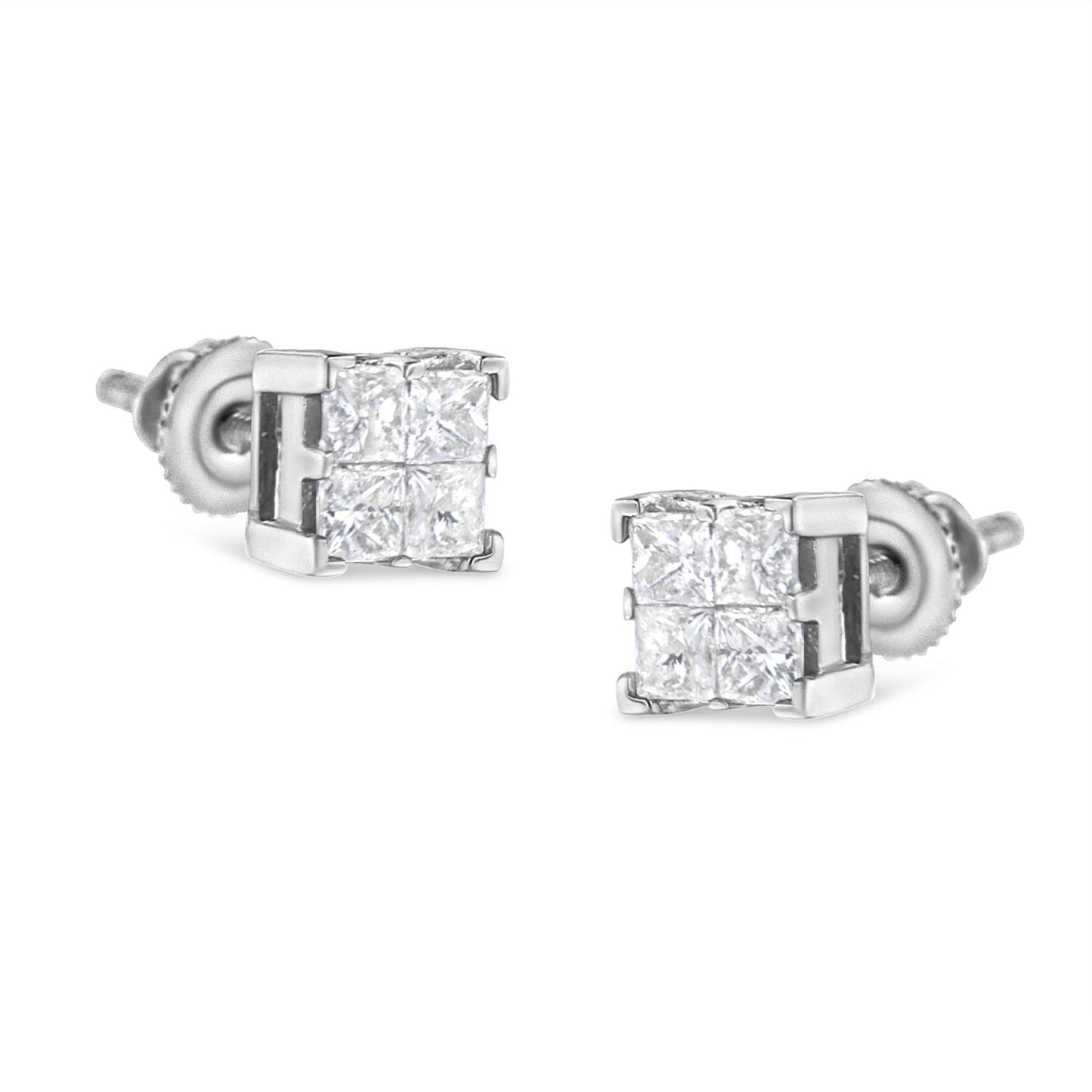 10K White Gold 3/4 Cttw Invisible Set Princess-Cut Diamond Composite Square Stud Earrings (H-I Color, SI2-I1 Clarity)-0