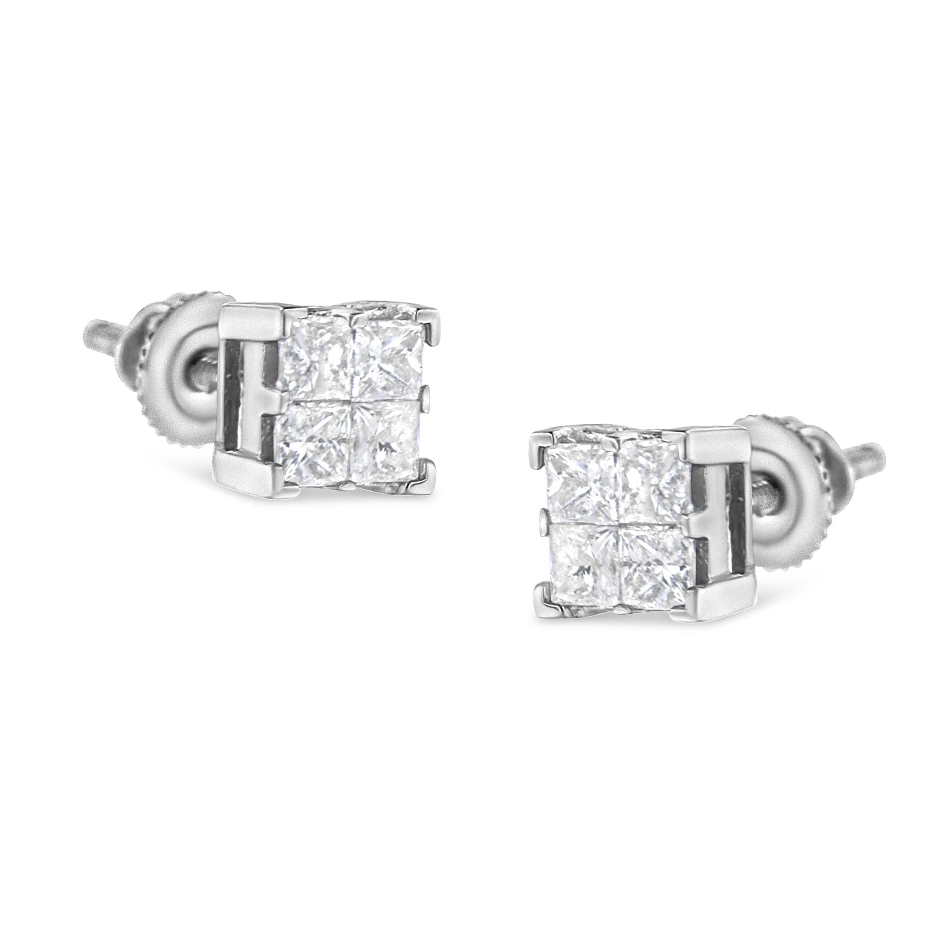 10K White Gold 3/4 Cttw Invisible Set Princess-Cut Diamond Composite Square Stud Earrings (H-I Color, SI2-I1 Clarity)-0
