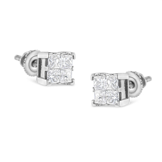 10K White Gold 3/4 Cttw Invisible Set Princess-Cut Diamond Composite Square Stud Earrings (H-I Color, SI2-I1 Clarity)-0