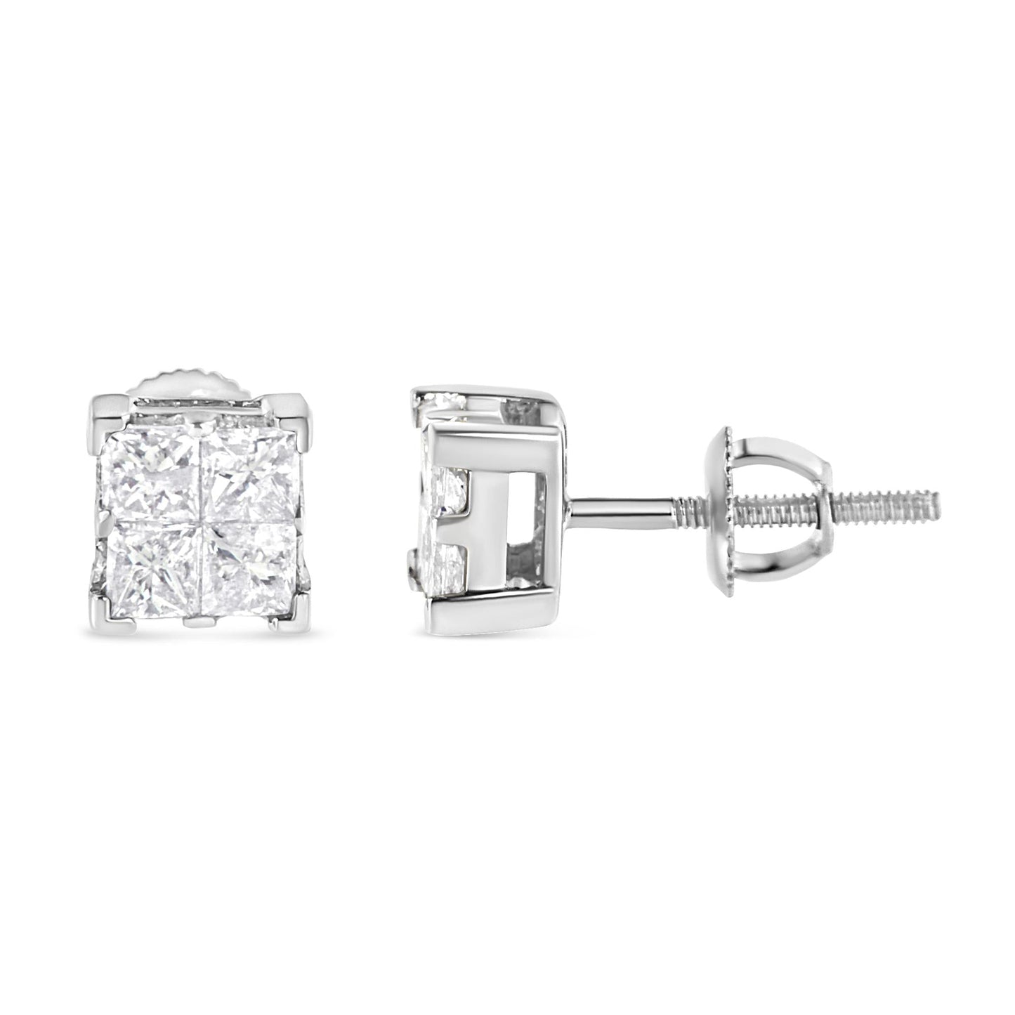 10K White Gold 3/4 Cttw Invisible Set Princess-Cut Diamond Composite Square Stud Earrings (H-I Color, SI2-I1 Clarity)-1