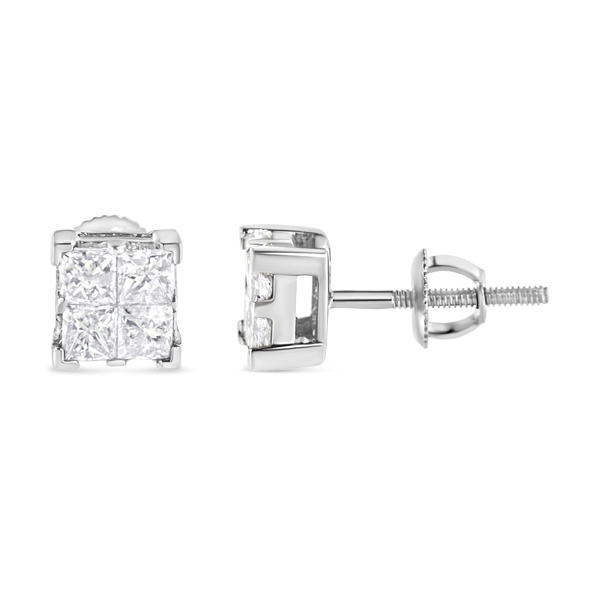 10K White Gold 3/4 Cttw Invisible Set Princess-Cut Diamond Composite Square Stud Earrings (H-I Color, SI2-I1 Clarity)-1