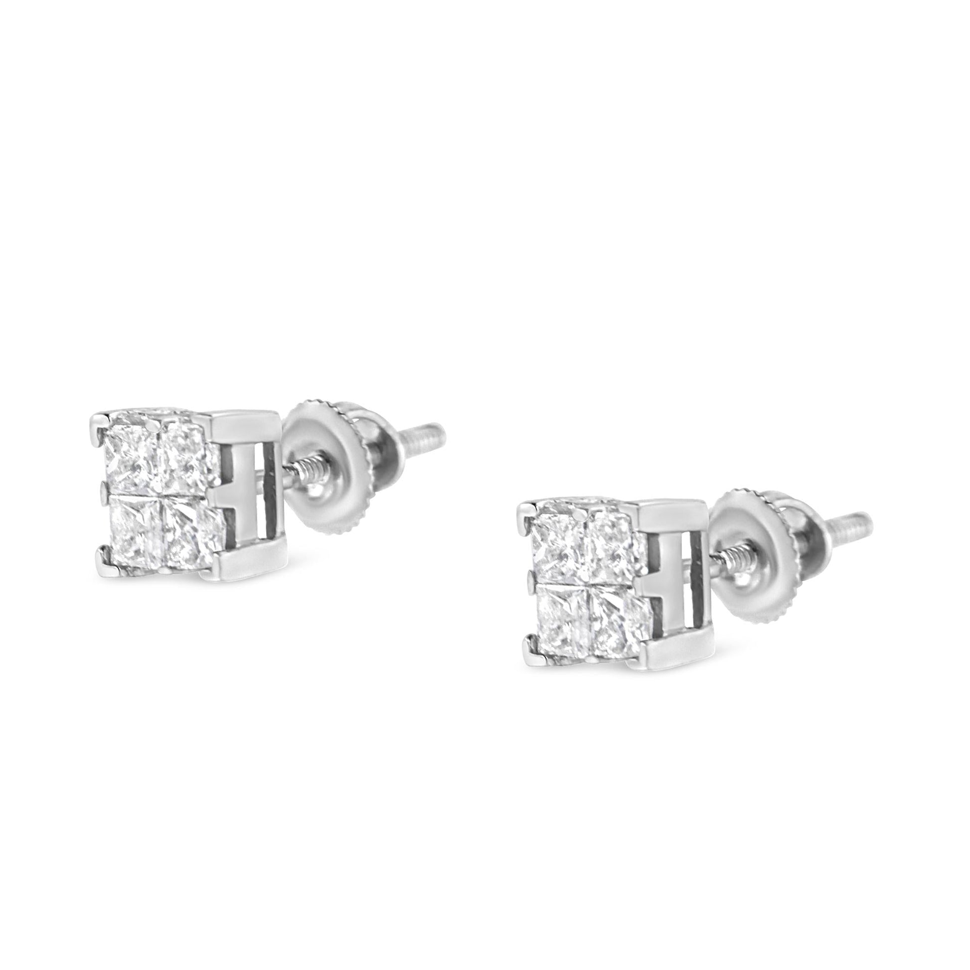 10K White Gold 3/4 Cttw Invisible Set Princess-Cut Diamond Composite Square Stud Earrings (H-I Color, SI2-I1 Clarity)-4