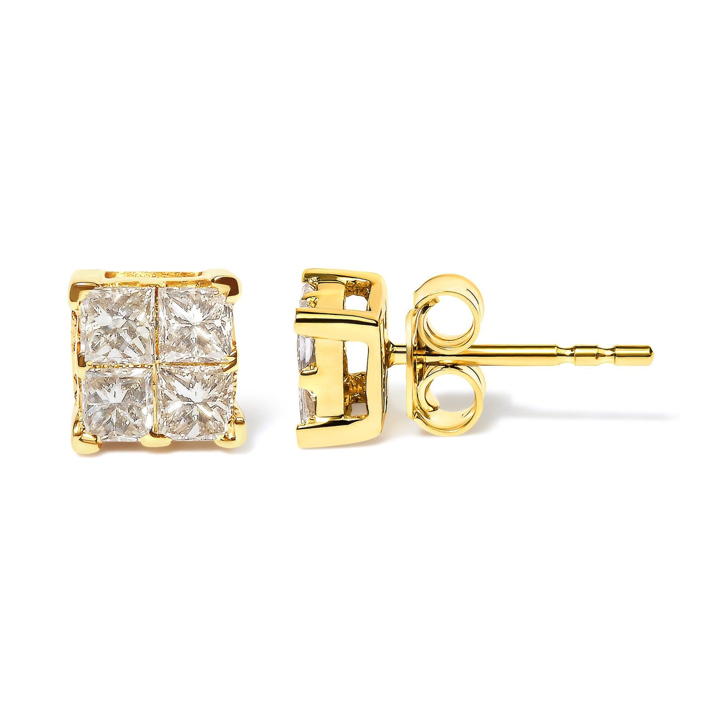 10K Yellow Gold 3/4 Cttw Invisible Set Princess-Cut Diamond Composite Square Stud Earrings (I-J Color, I2-I3 Clarity)-3