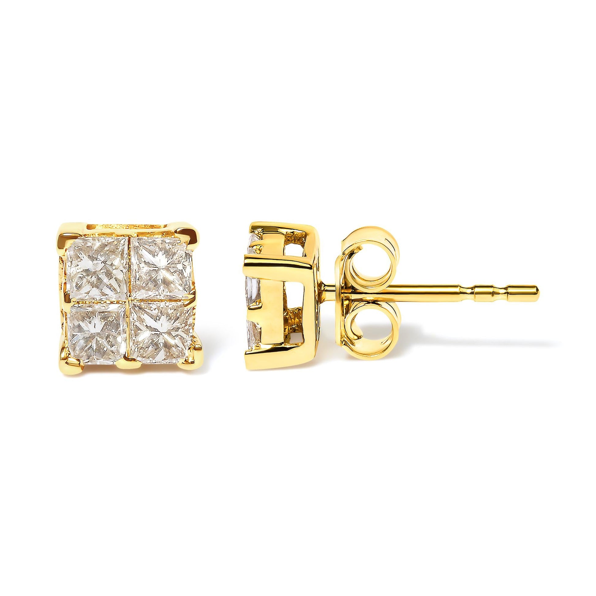 10K Yellow Gold 3/4 Cttw Invisible Set Princess-Cut Diamond Composite Square Stud Earrings (I-J Color, I2-I3 Clarity)-3