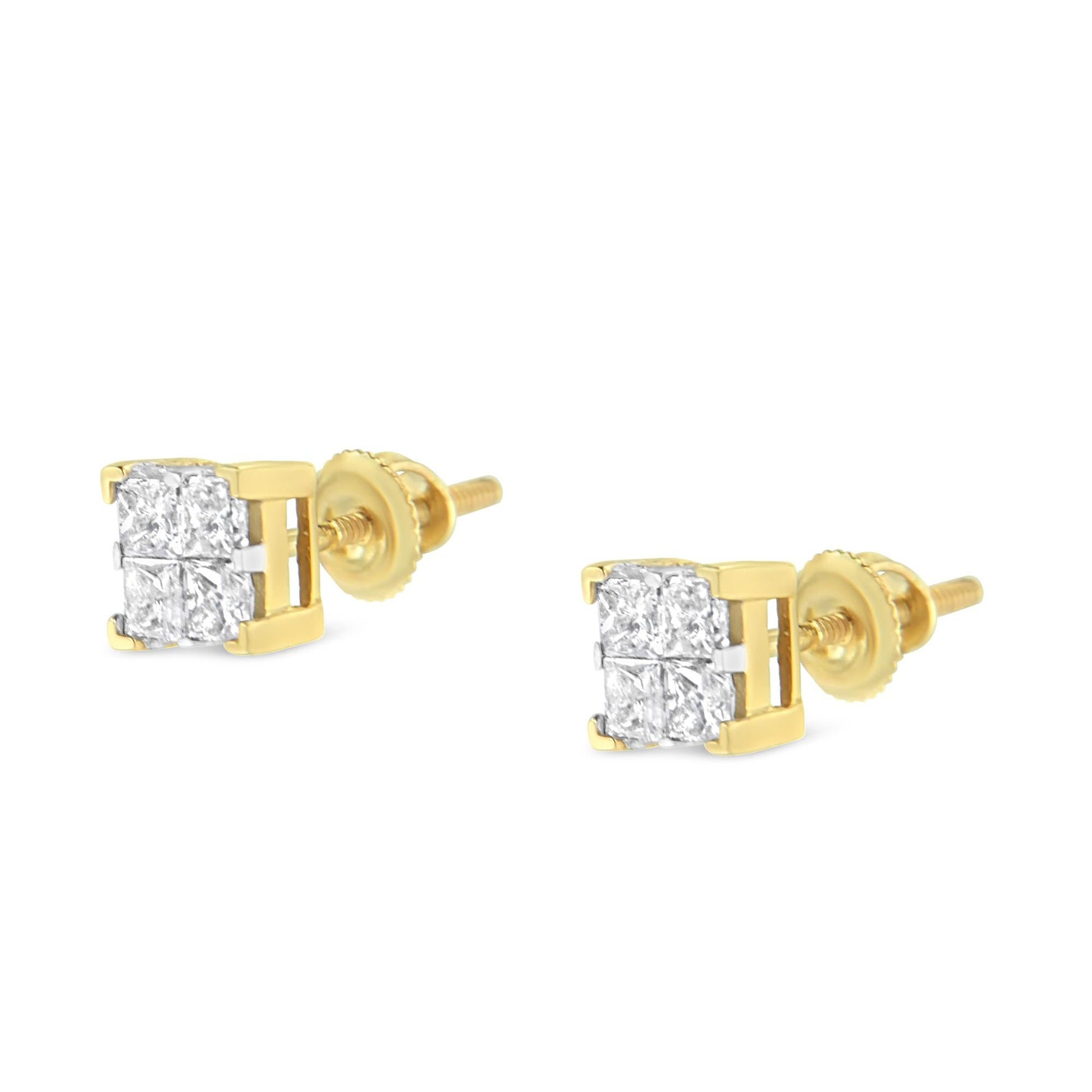 10K Yellow Gold 3/4 Cttw Invisible Set Princess-Cut Diamond Composite Square Stud Earrings (I-J Color, I2-I3 Clarity)-4
