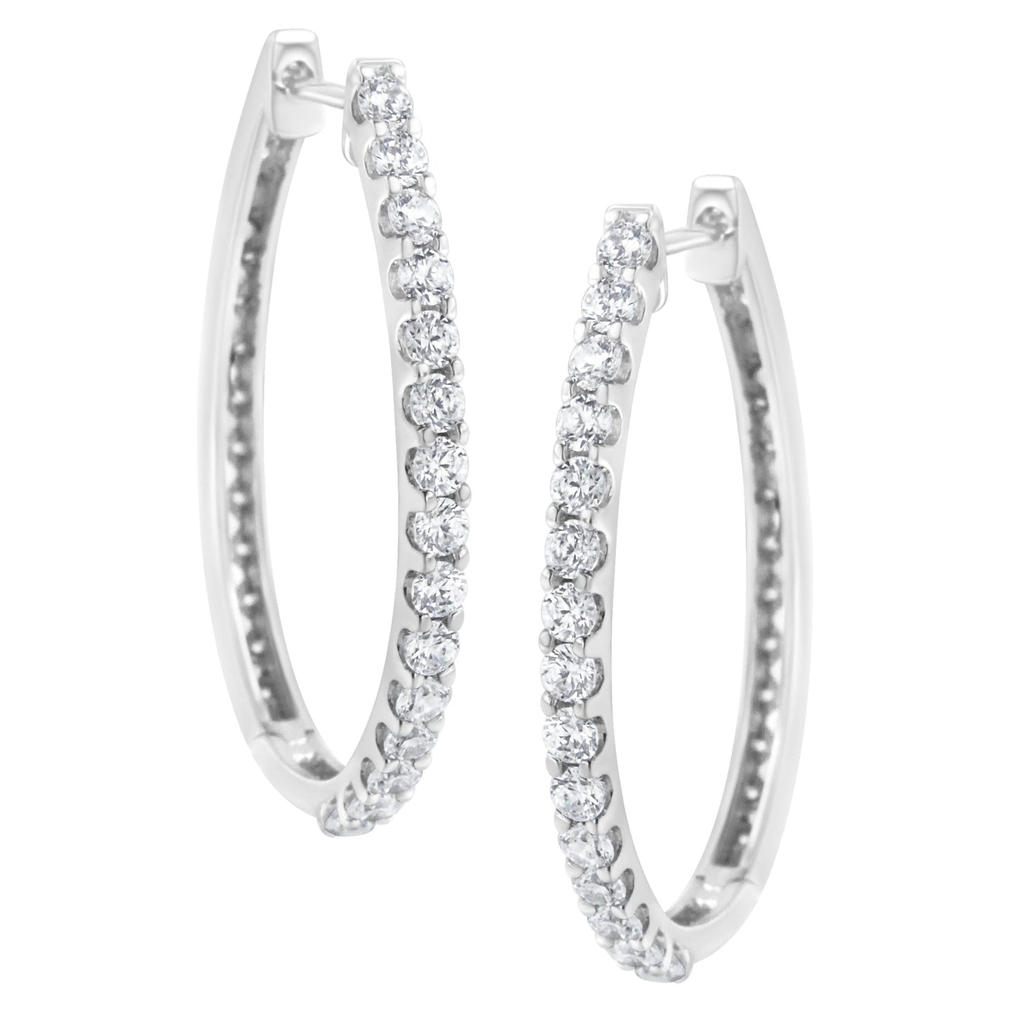 14K White Gold 2.0 Cttw Round Brilliant Cut Diamond Oblong Hinged Leverback Hoop Earrings (I-J Color, I1-I2 Clarity)-3