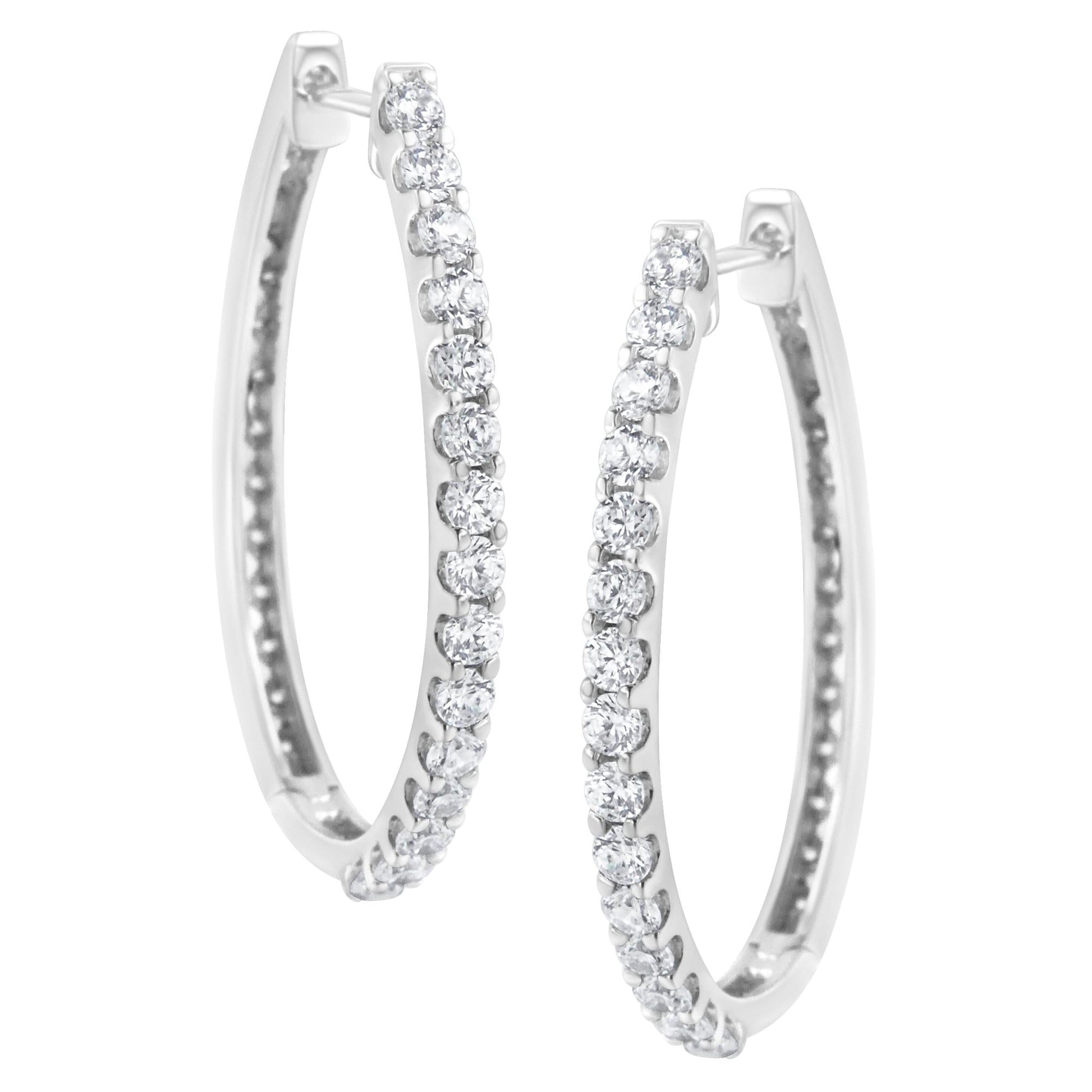 14K White Gold 2.0 Cttw Round Brilliant Cut Diamond Oblong Hinged Leverback Hoop Earrings (I-J Color, I1-I2 Clarity)-3