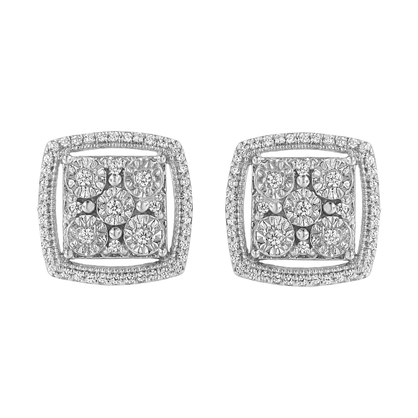 .925 Sterling Silver 3/8 Cttw Miracle Set Round Diamond Double Halo Cluster Earrings (I-J Color, I2-I3 Clarity)-0