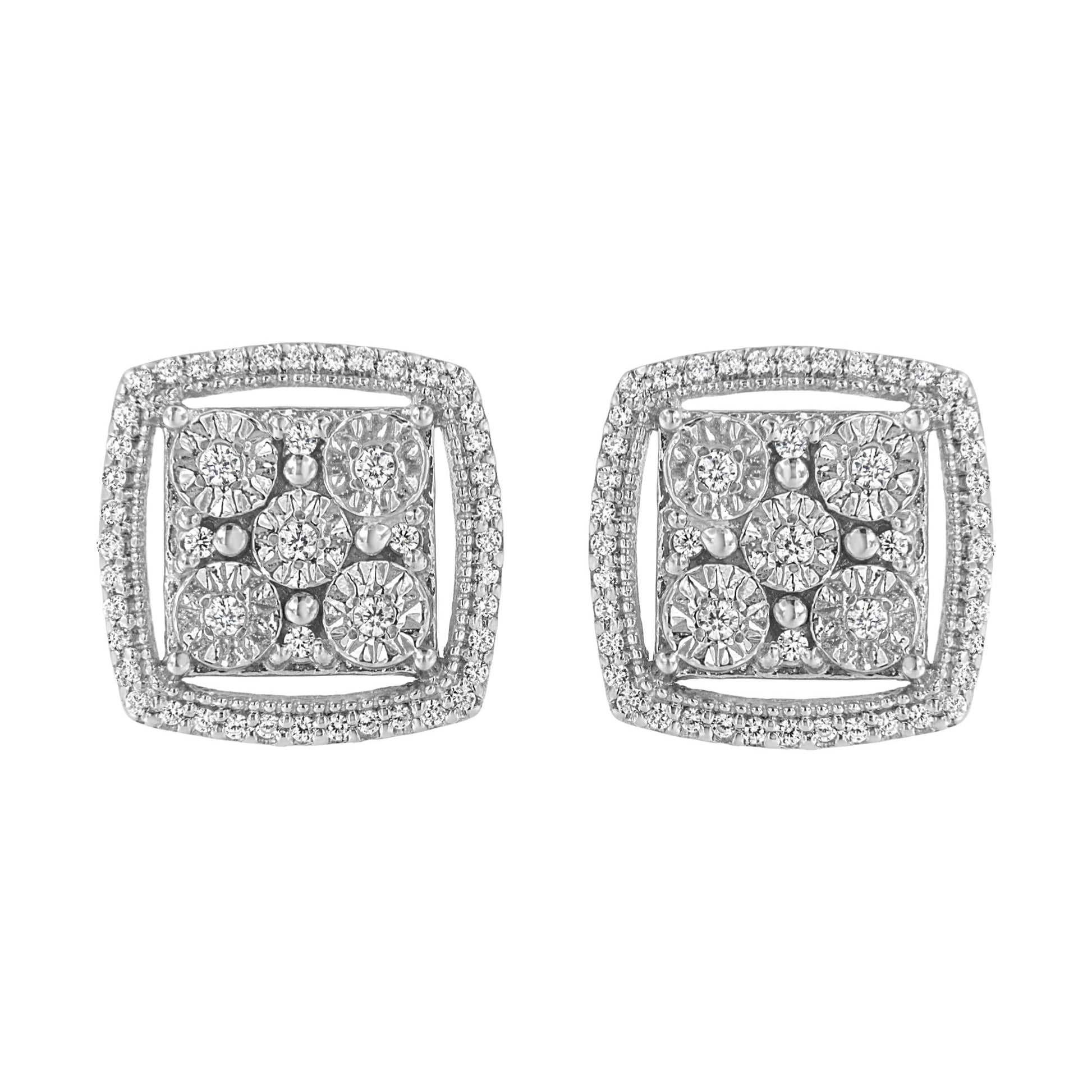 .925 Sterling Silver 3/8 Cttw Miracle Set Round Diamond Double Halo Cluster Earrings (I-J Color, I2-I3 Clarity)-0